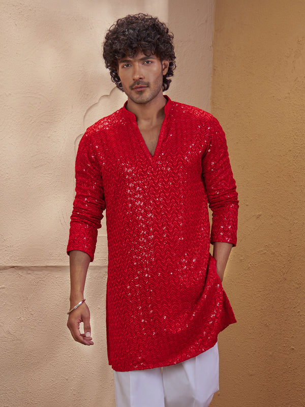 Vastramay Men Red Rayon Sequin Embellished V-Neck Thigh Length Kurta
