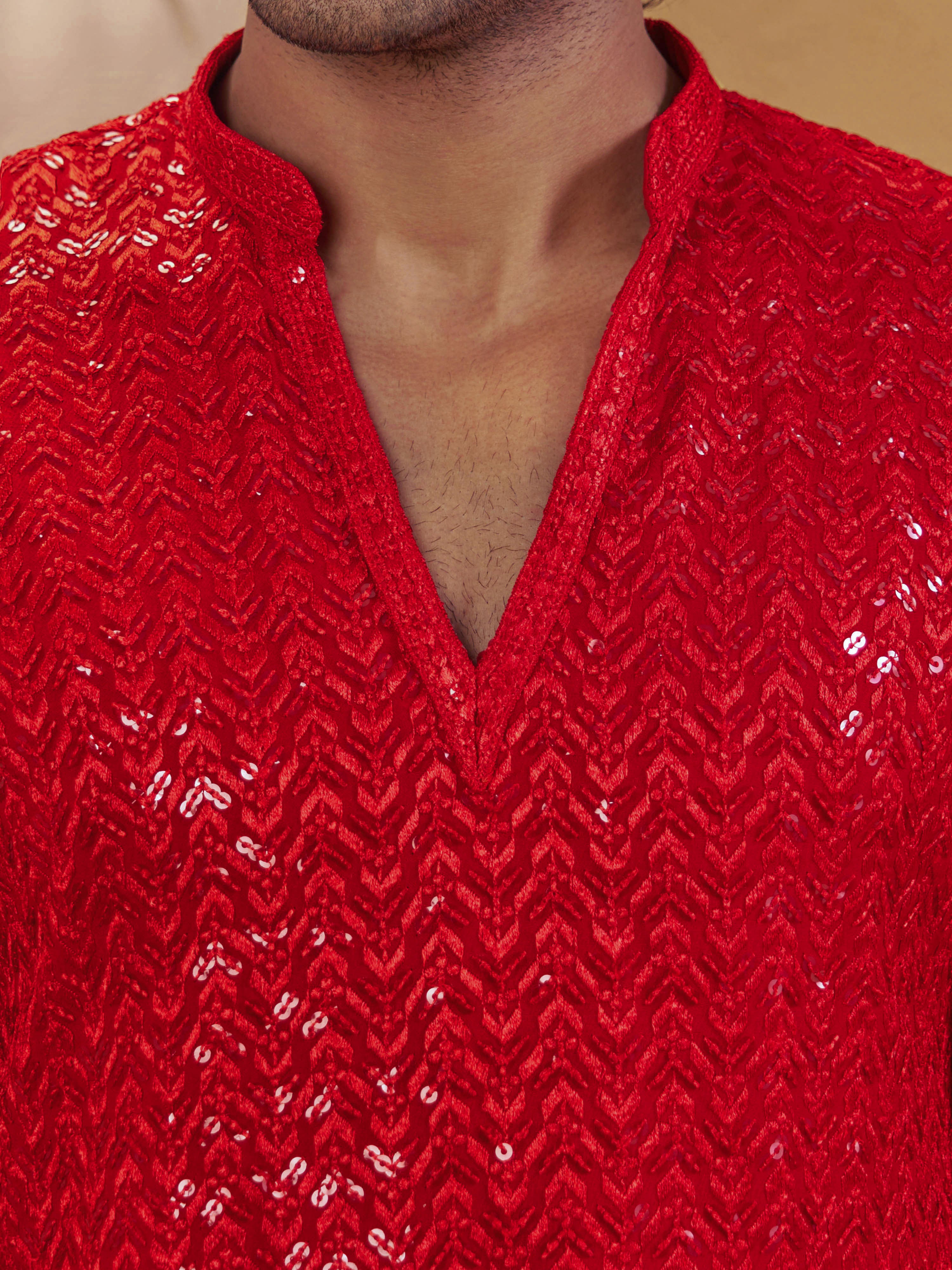 Vastramay Men Red Rayon Sequin Embellished V-Neck Thigh Length Kurta