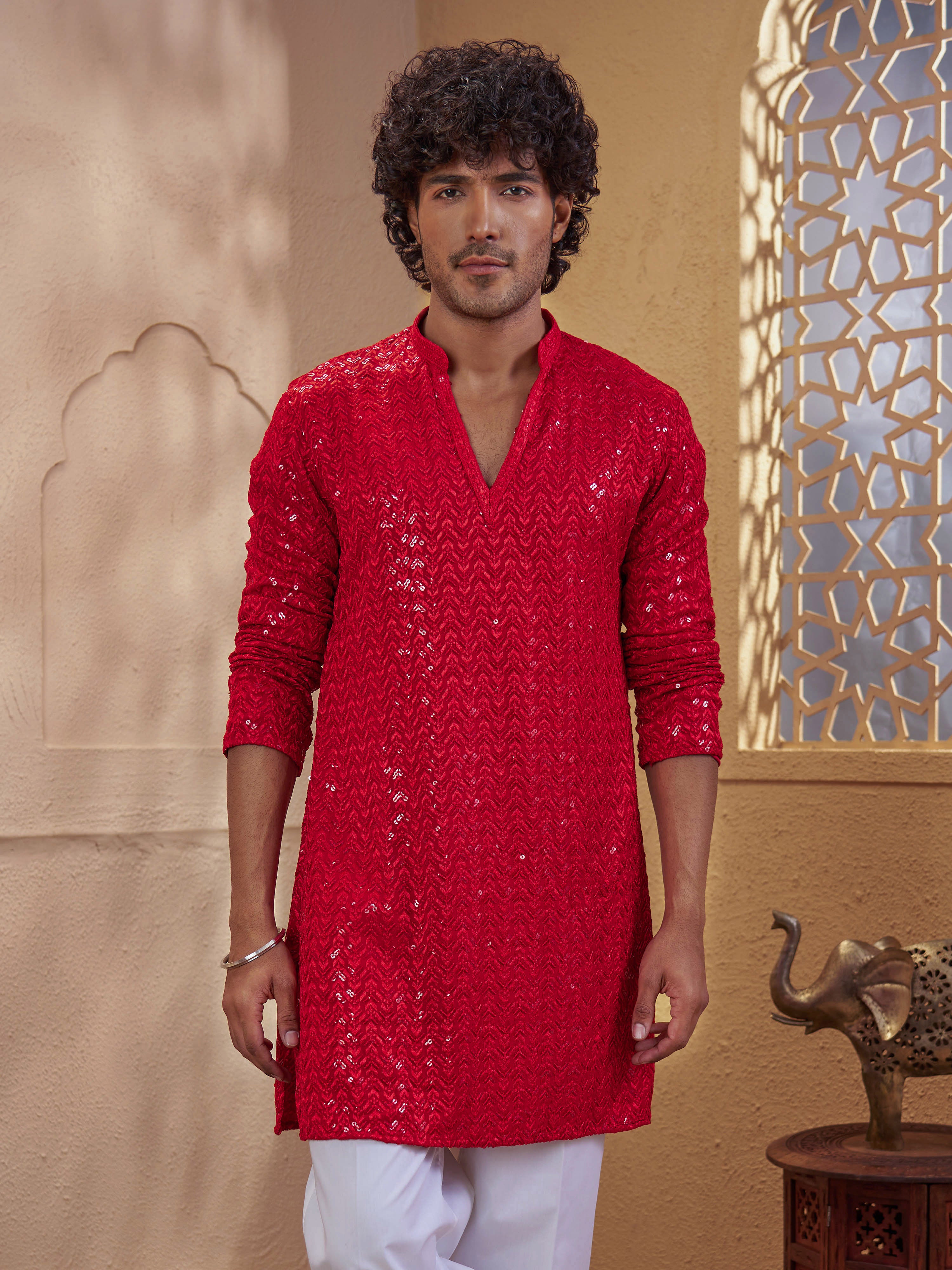 Vastramay Men Red Rayon Sequin Embellished V-Neck Thigh Length Kurta