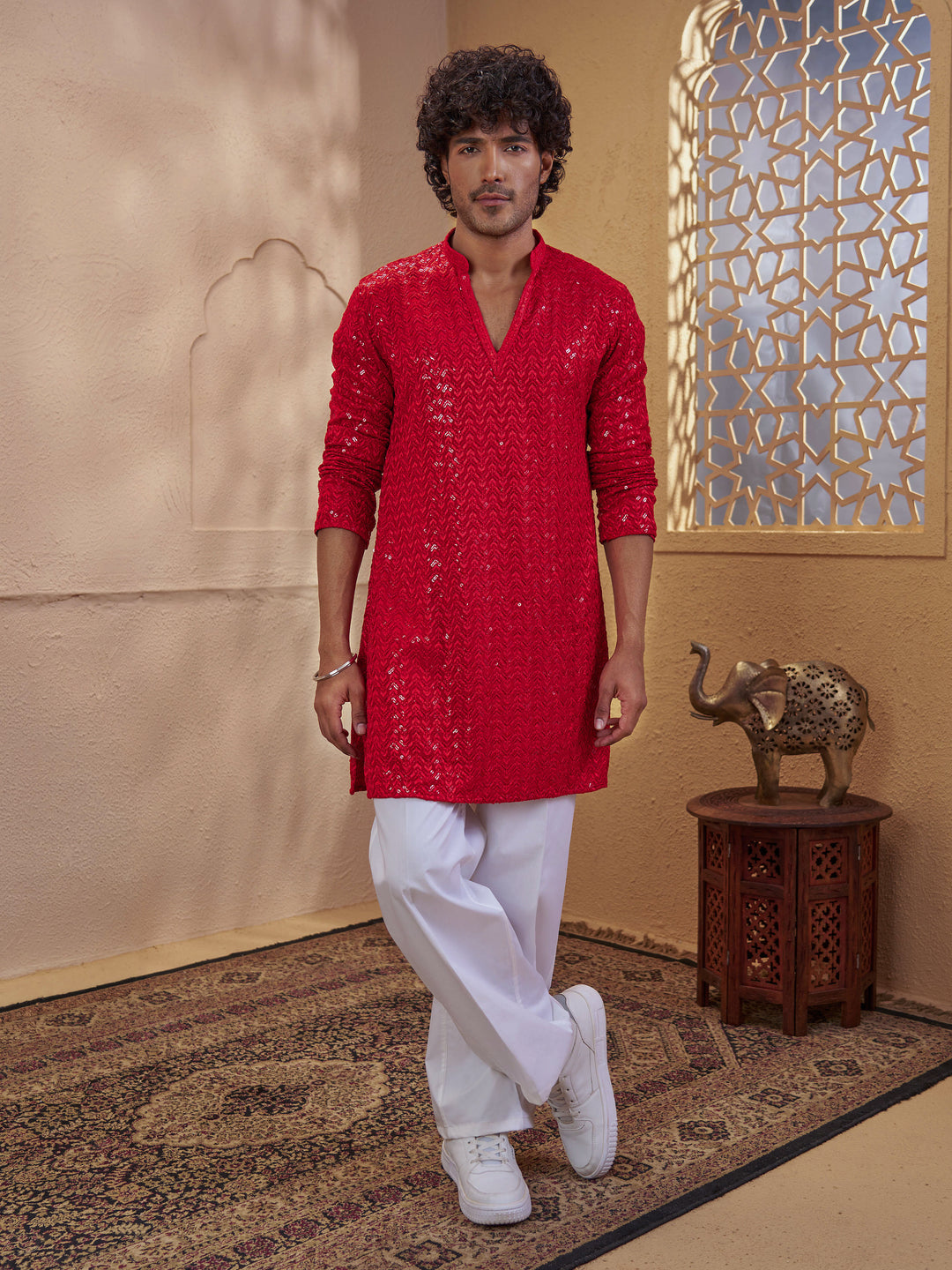 Men Red Sequin Embellished V-Neck Kurta with White Wide Leg Pant Set