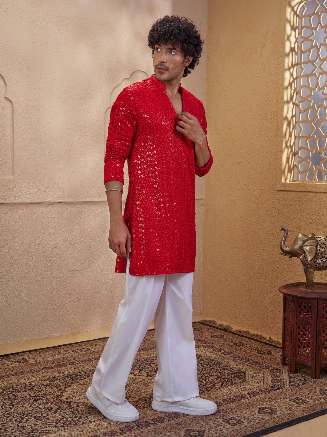 Men Red Sequin Embellished V-Neck Kurta with White Wide Leg Pant Set