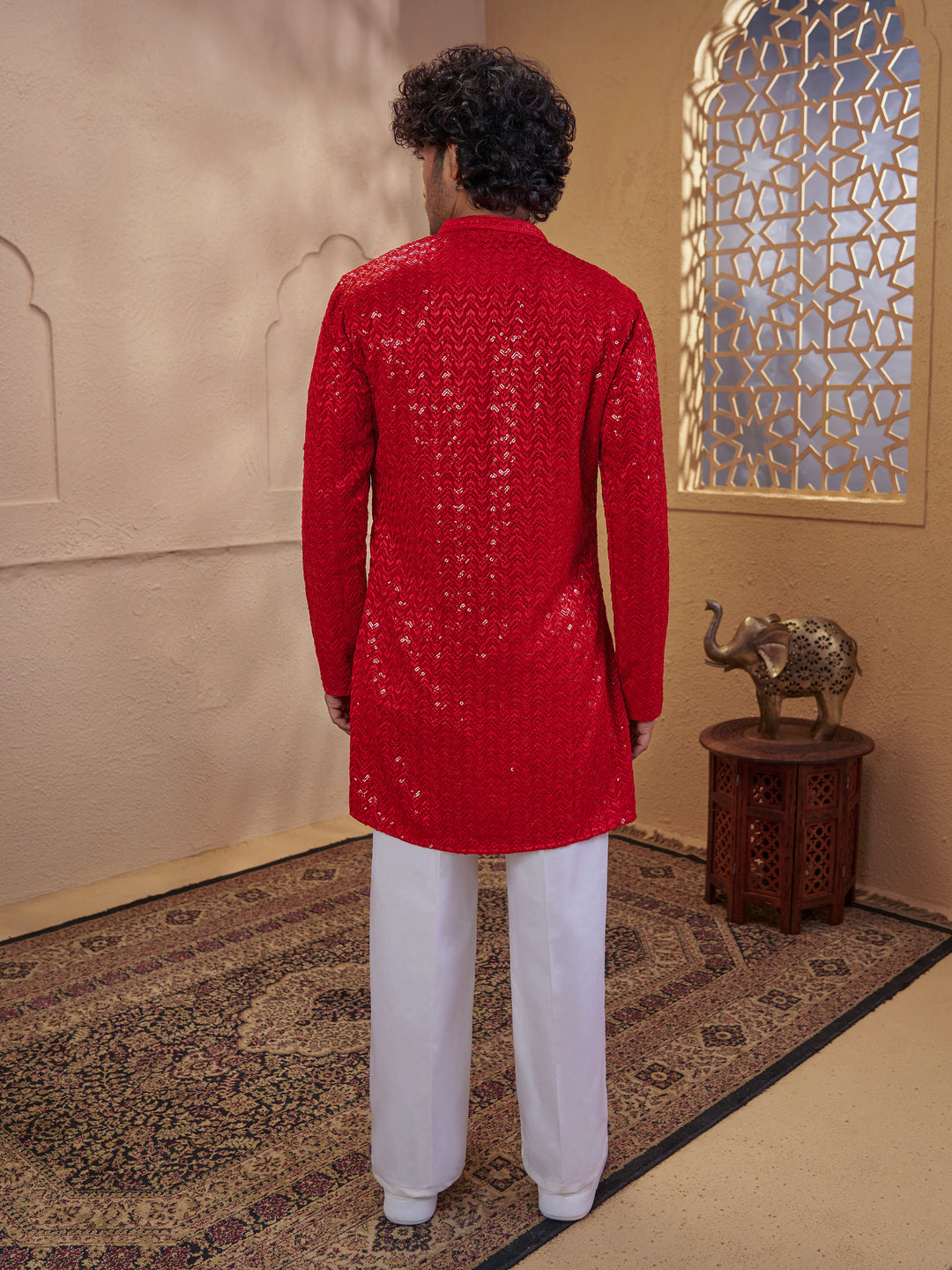 Men Red Sequin Embellished V-Neck Kurta with White Wide Leg Pant Set