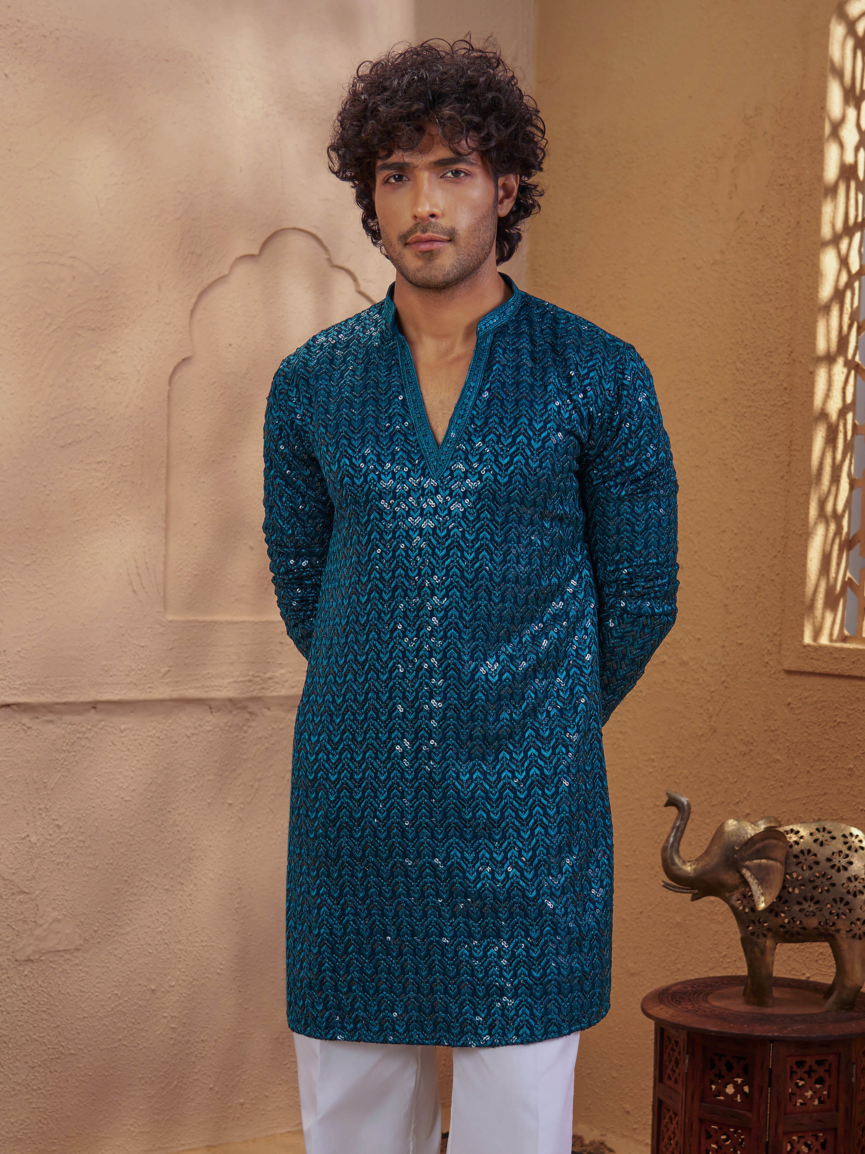 Vastramay Men Turquoise Rayon Sequin Embellished V-Neck Thigh Length Kurta