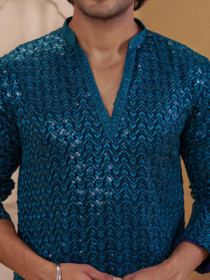 Men Turquoise Sequin Embellished V-Neck Kurta with White Wide Leg Pant Set
