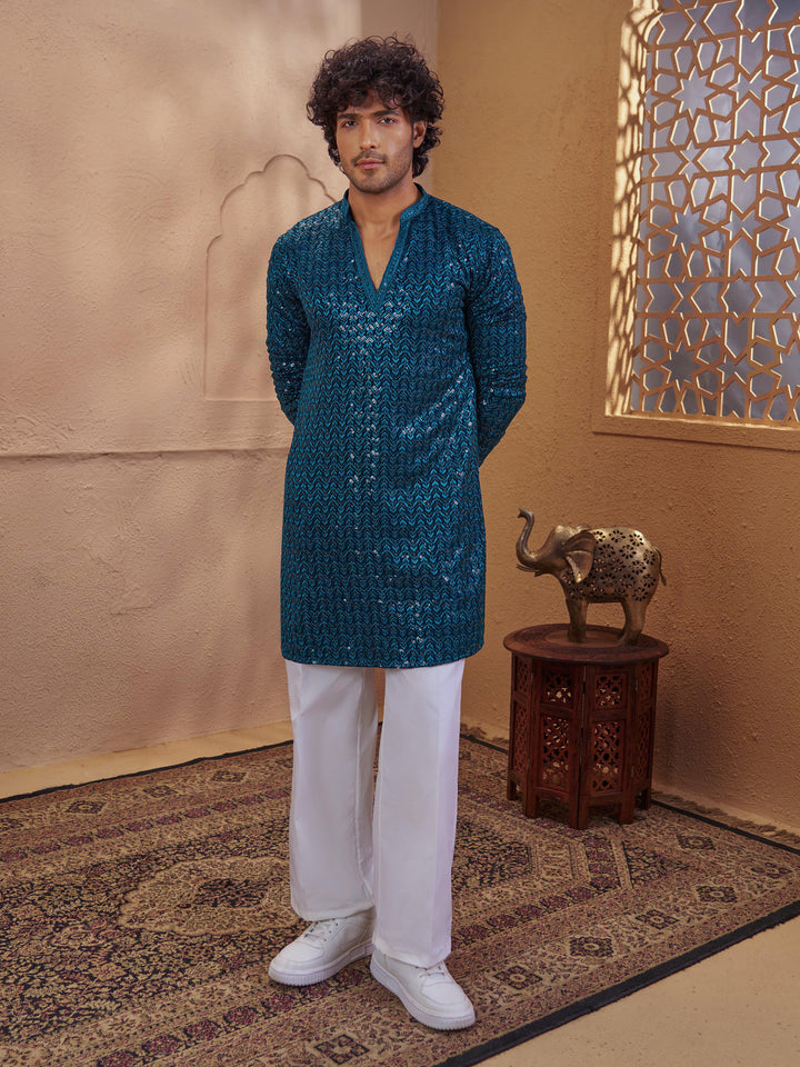 Men Turquoise Sequin Embellished V-Neck Kurta with White Wide Leg Pant Set
