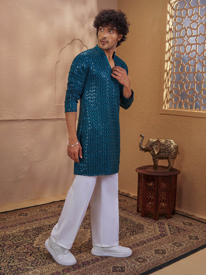 Men Turquoise Sequin Embellished V-Neck Kurta with White Wide Leg Pant Set