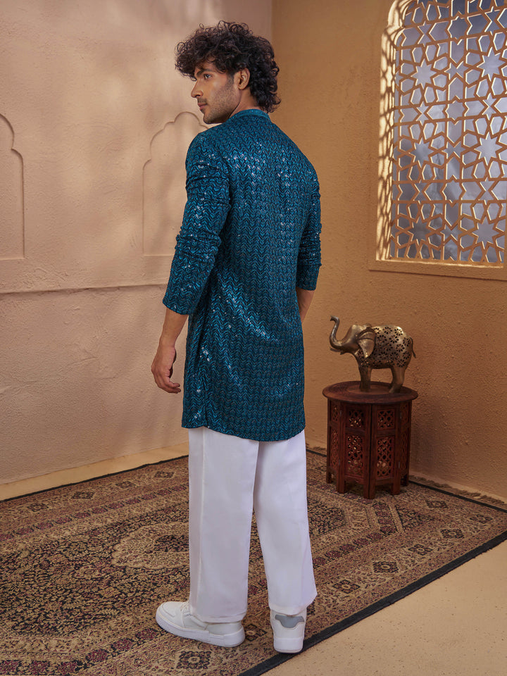 Men Turquoise Sequin Embellished V-Neck Kurta with White Wide Leg Pant Set