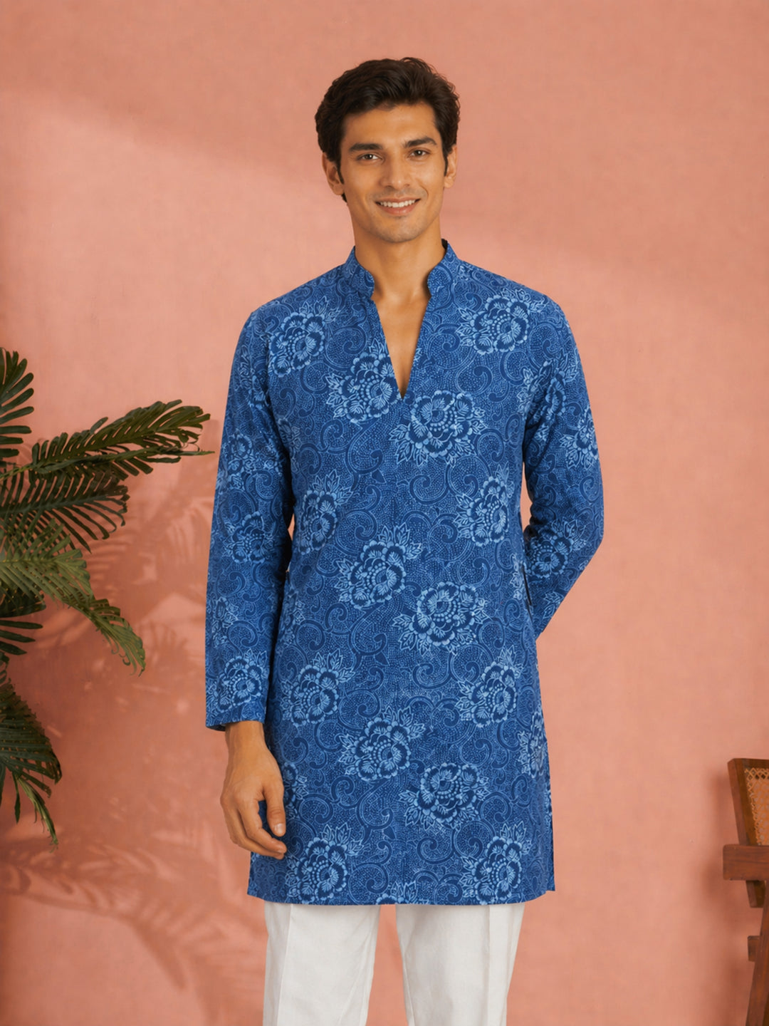 Men's Blue Cotton Floral Print Kurta with Mandarin Collar
