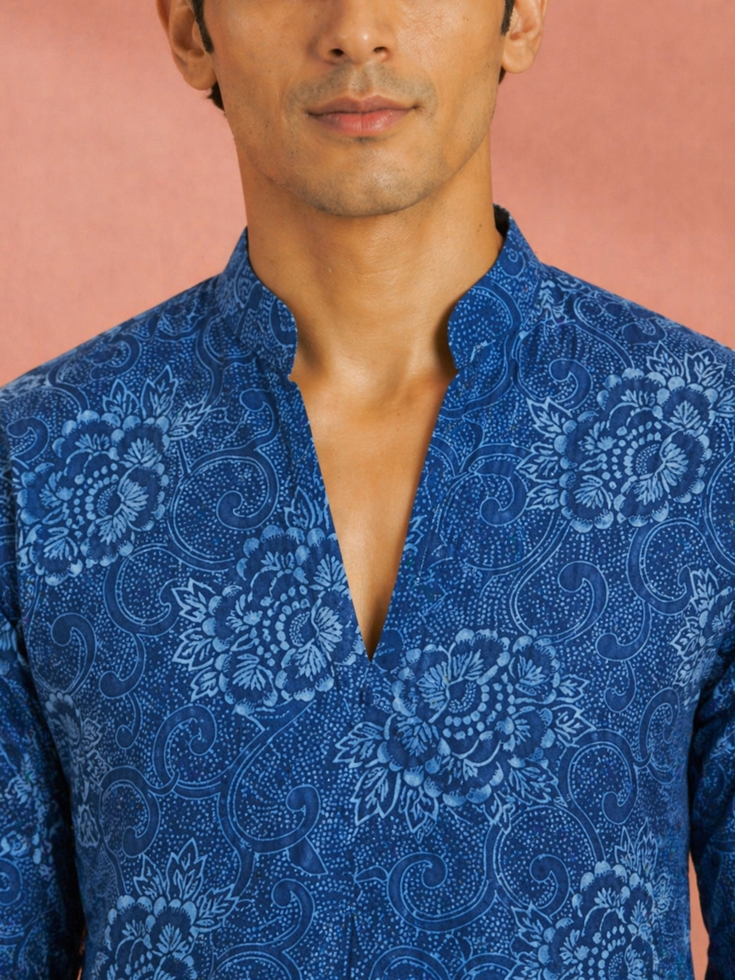 Men's Blue Cotton Floral Thigh Length Kurta