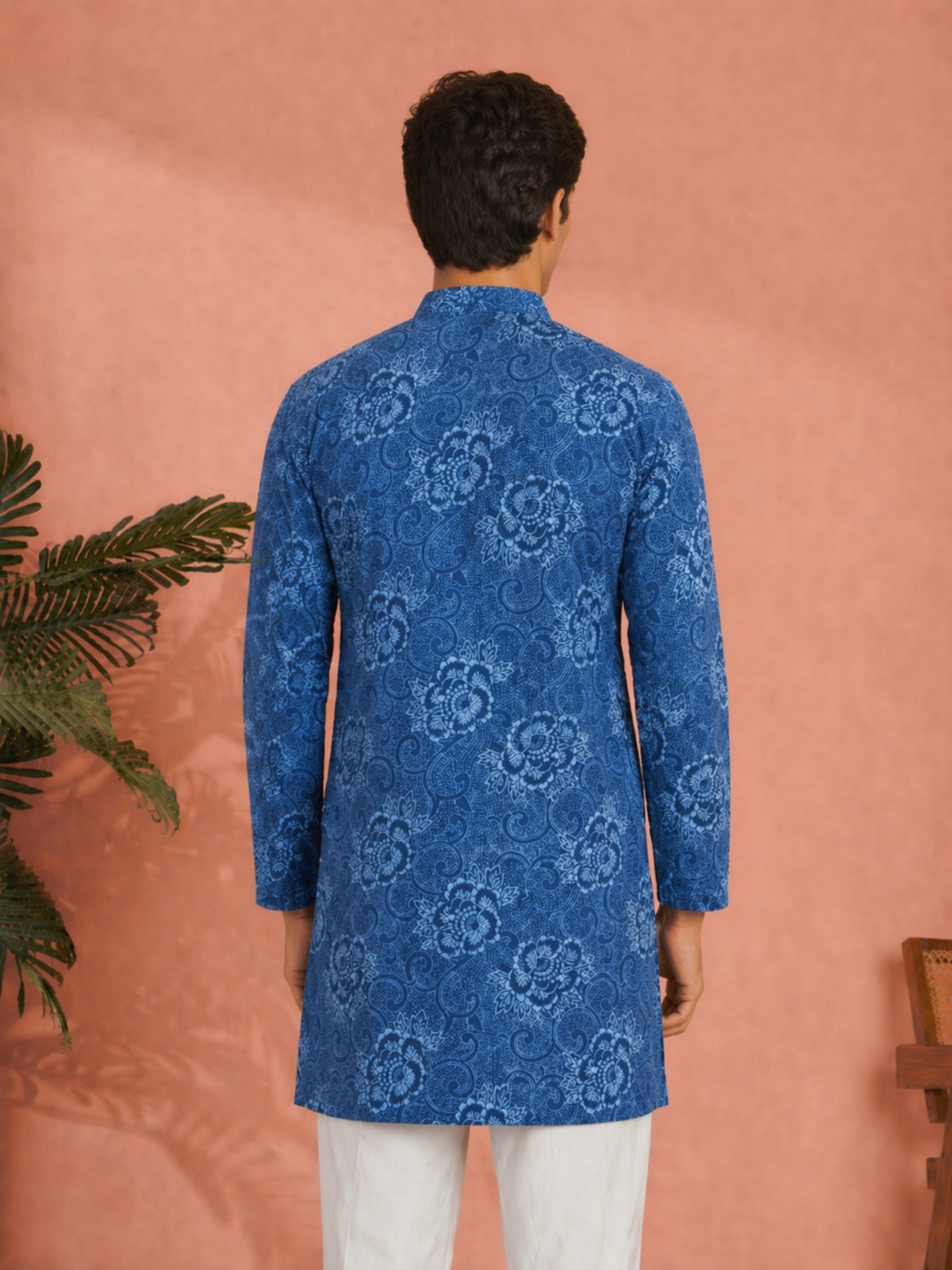 Men's Blue Cotton Floral Thigh Length Kurta