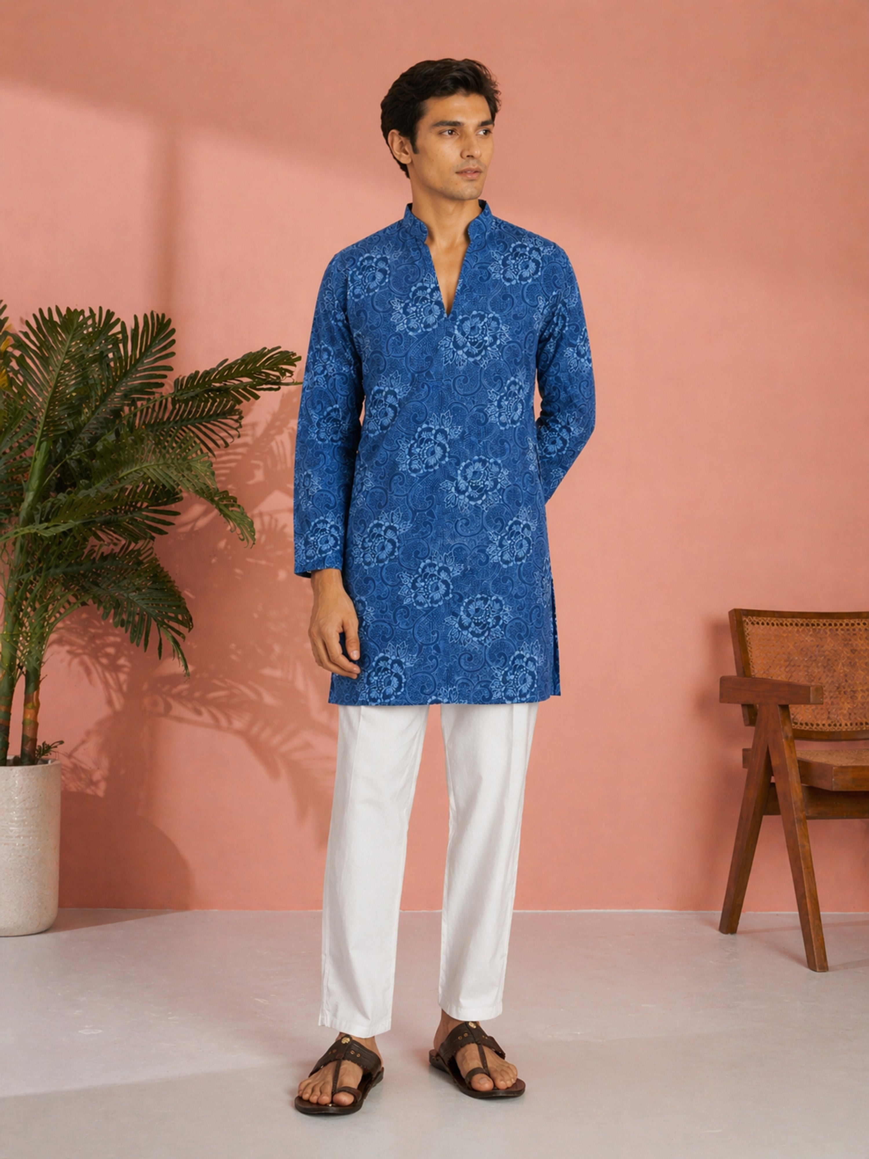 Men's Blue Cotton Floral Thigh Length Kurta
