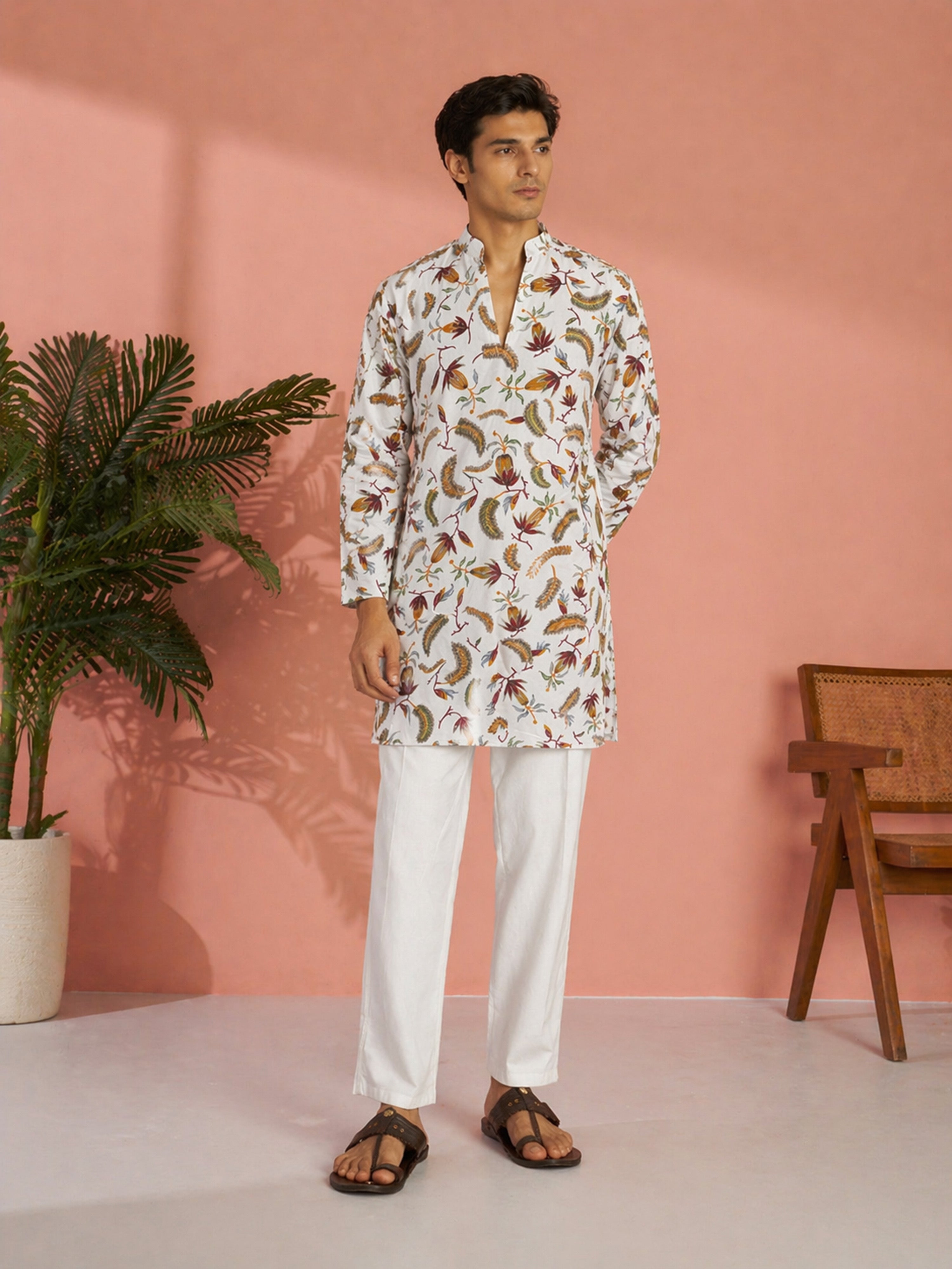 Men's White Rayon Tropical Thigh Length Kurta