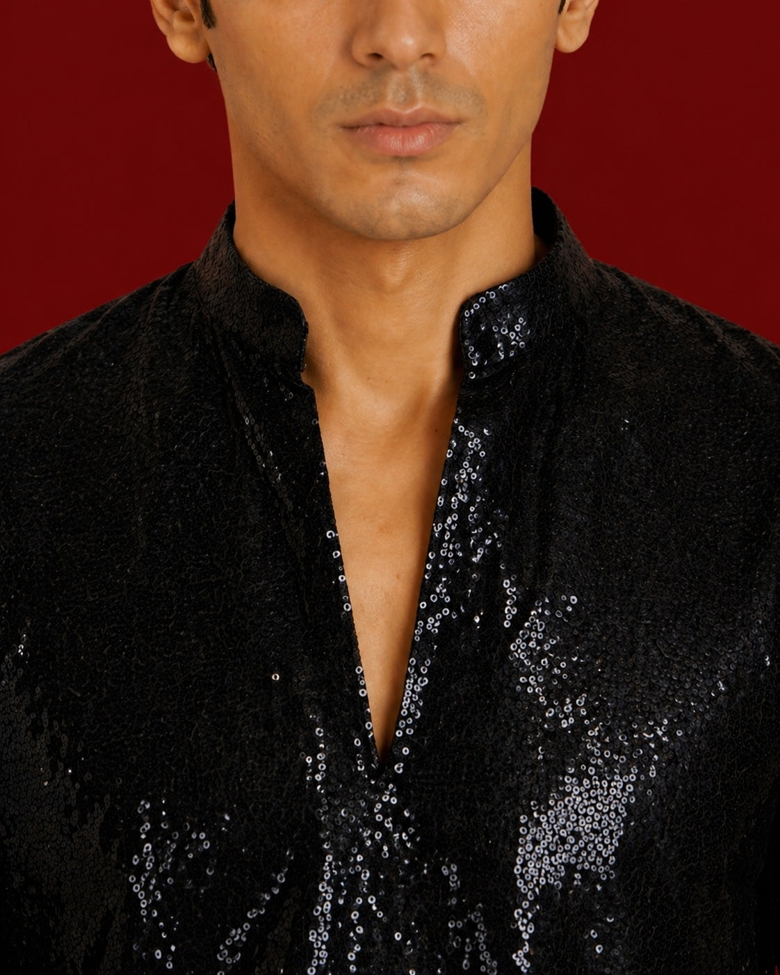 Men's Black Georgette Geometry Thigh Length Kurta