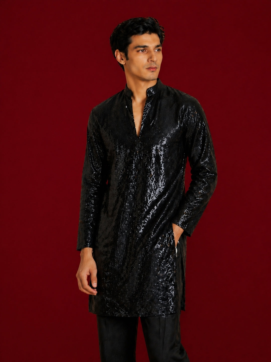 Men's Black Georgette Geometry Thigh Length Kurta
