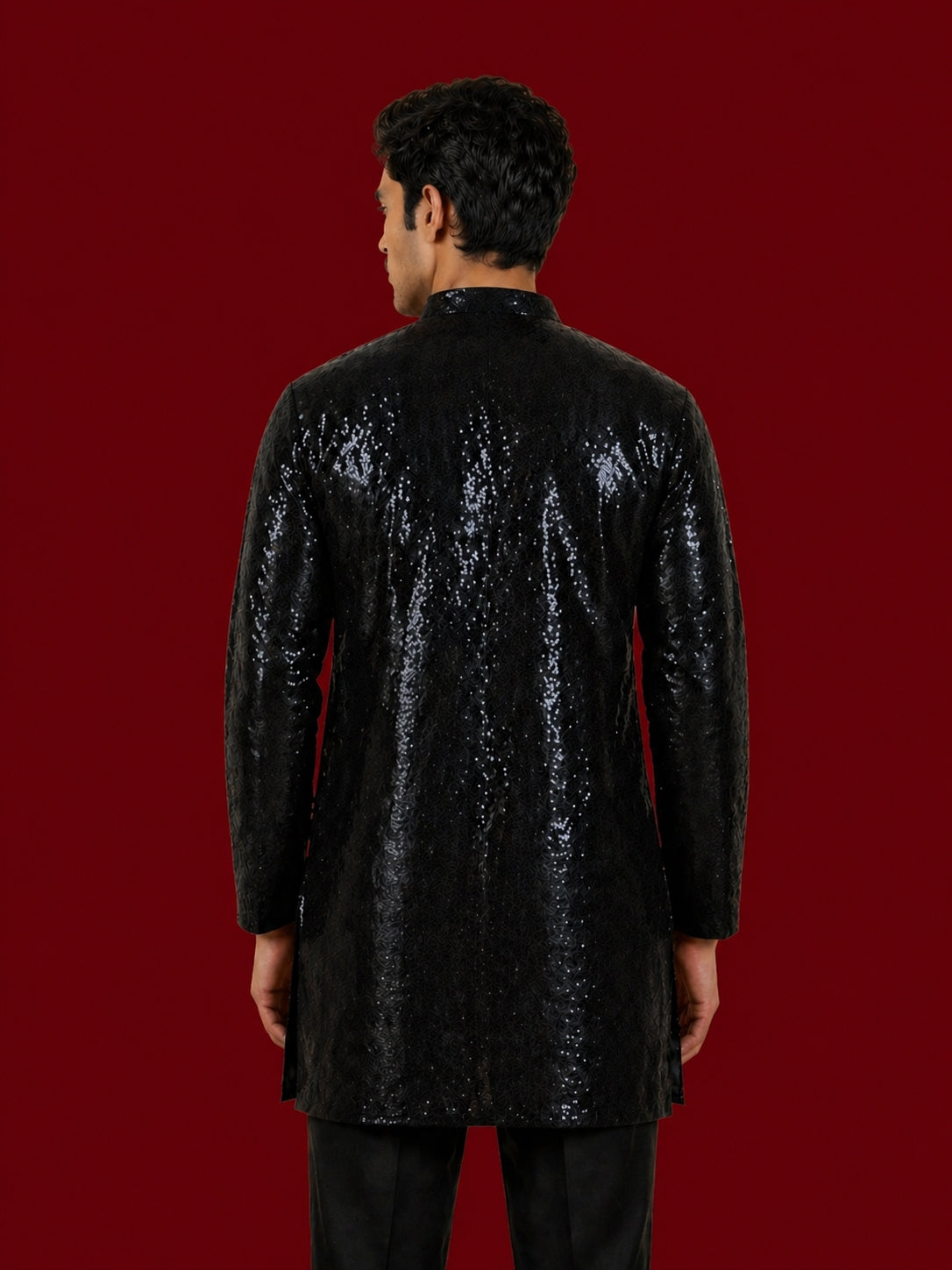 Men's Black Georgette Geometry Thigh Length Kurta