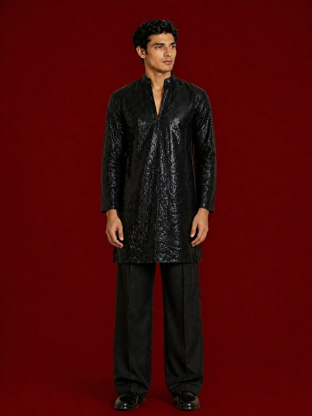 Men's Black Georgette Geometry Thigh Length Kurta