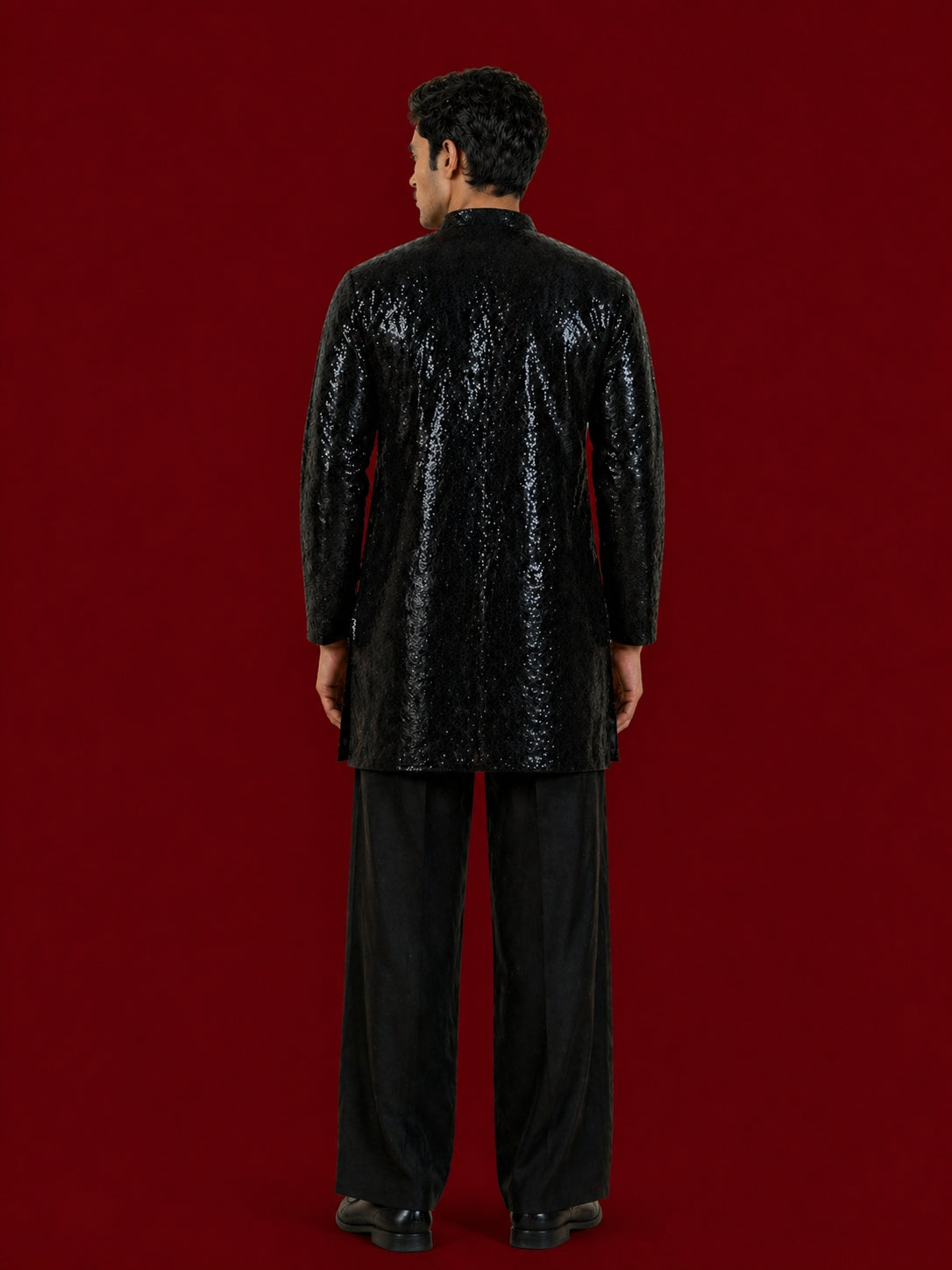 Men's Black Georgette Geometry Thigh Length Kurta Pant Set with Wide Leg Pant