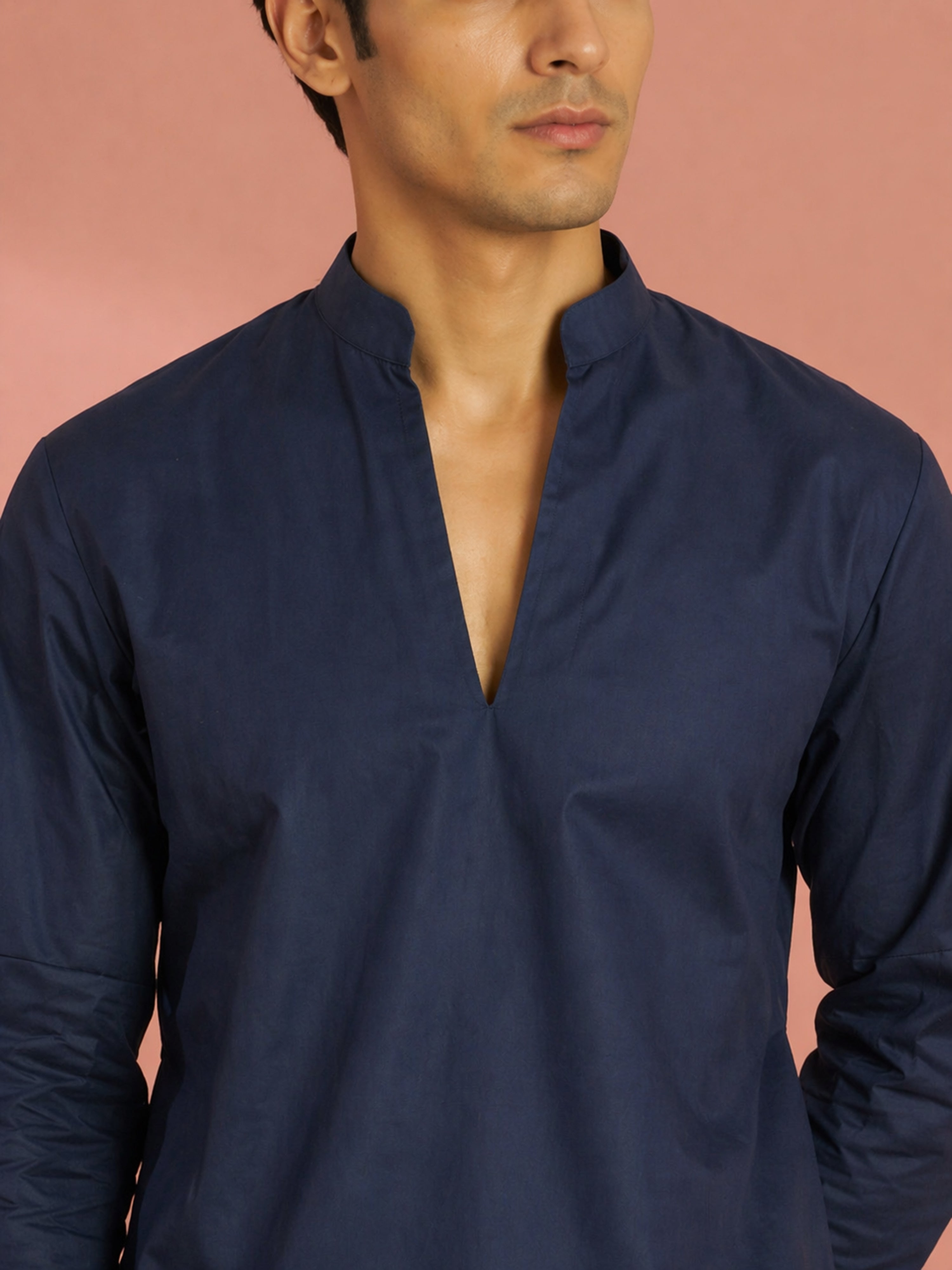 Men's Navy Blue Cotton Solid Thigh Length Kurta