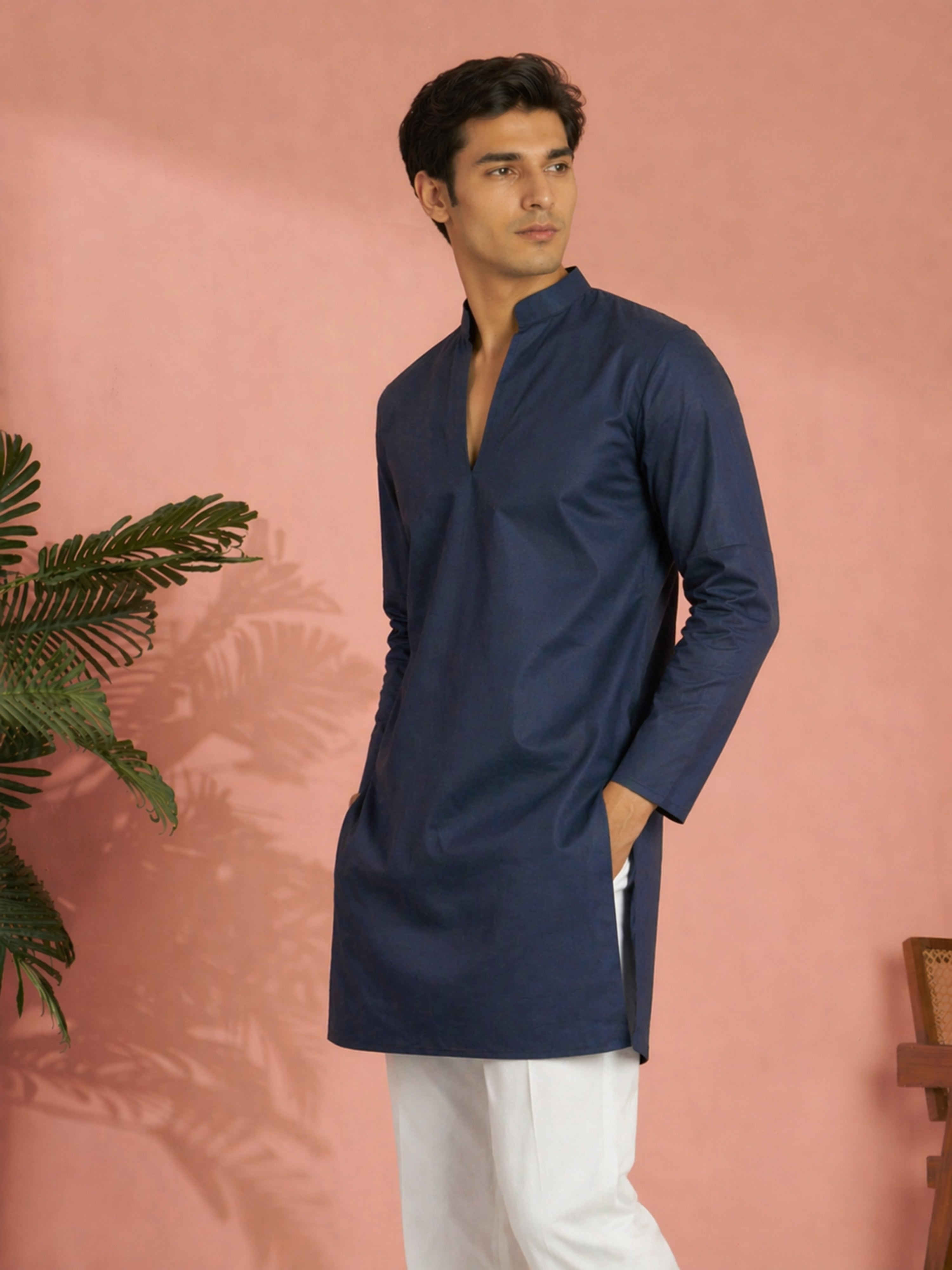 Men's Navy Blue Cotton Solid Thigh Length Kurta
