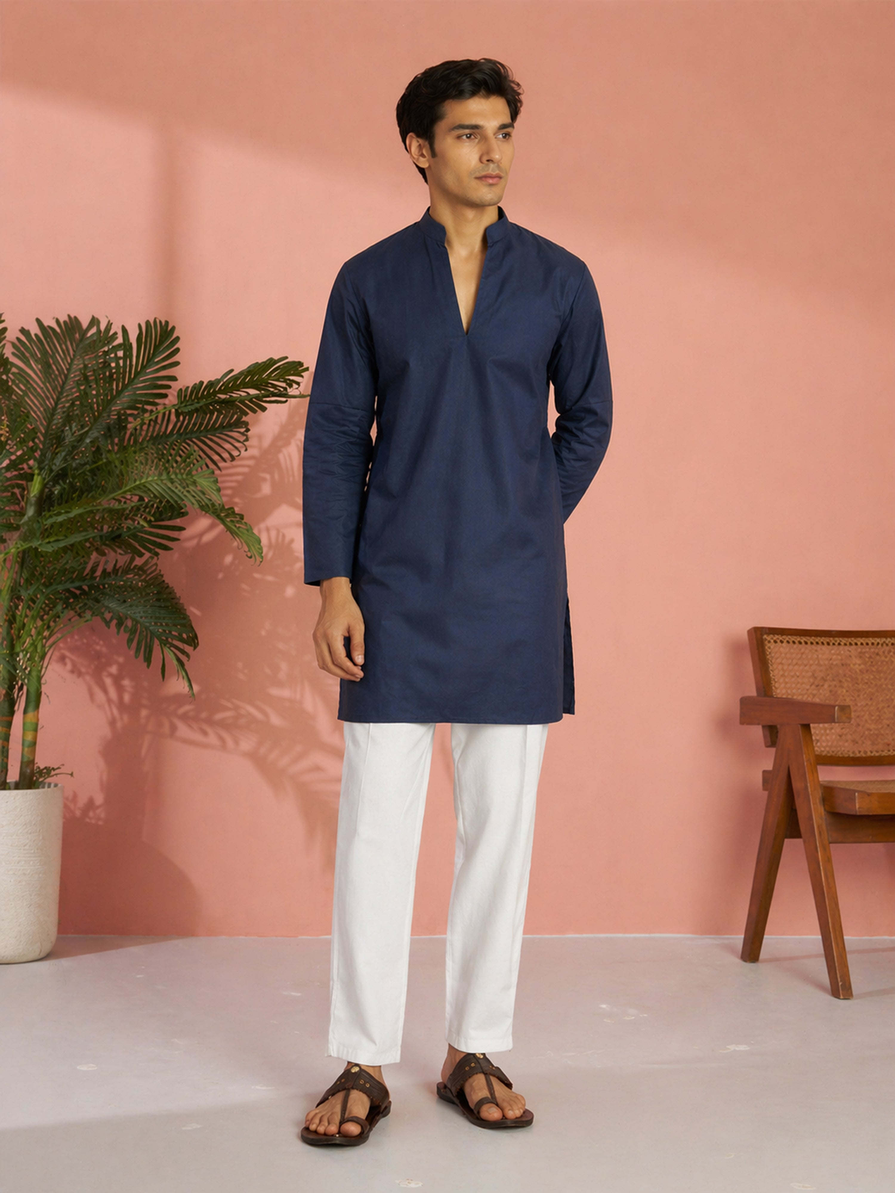 Men's Navy Blue Cotton Solid Thigh Length Kurta