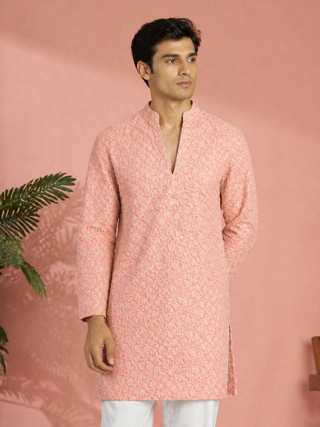Men's Peach Georgette Floral Thread Work Kurta