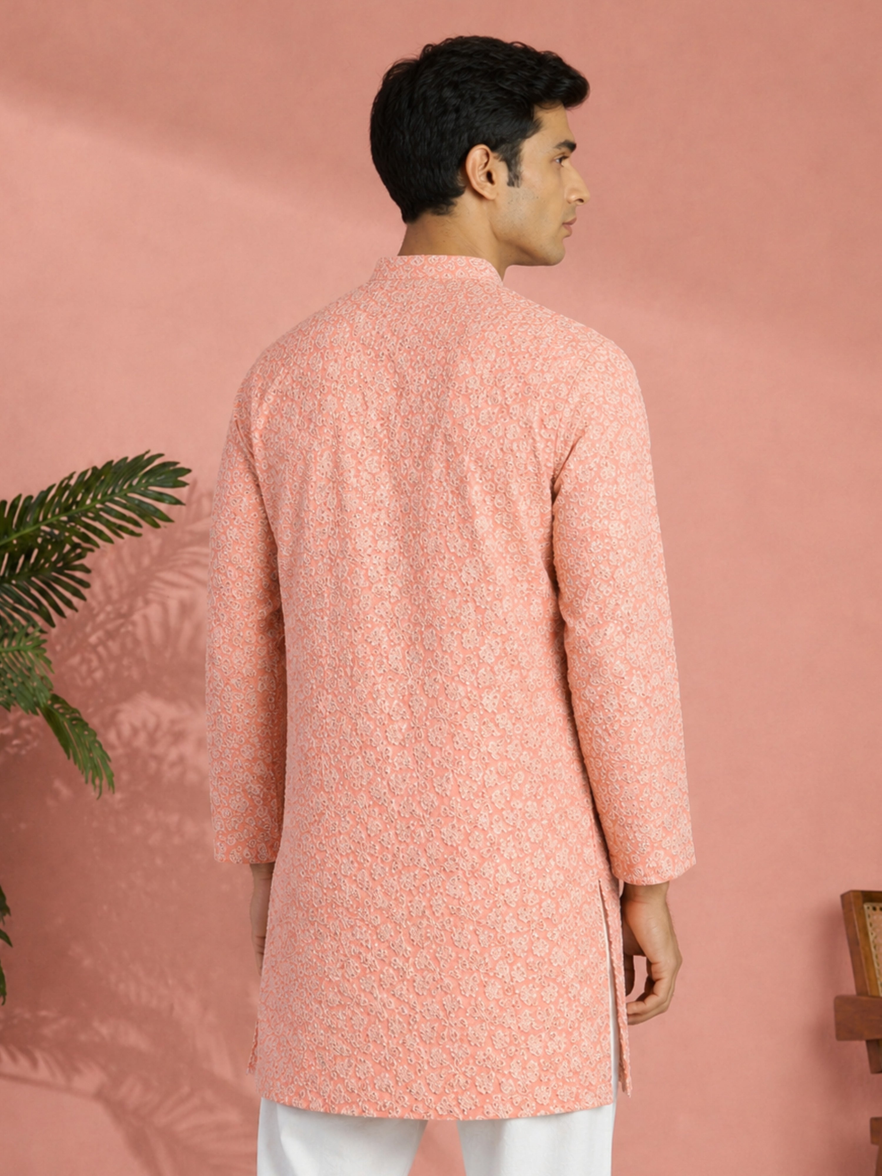 Men's Peach Georgette Floral Thigh Length Kurta