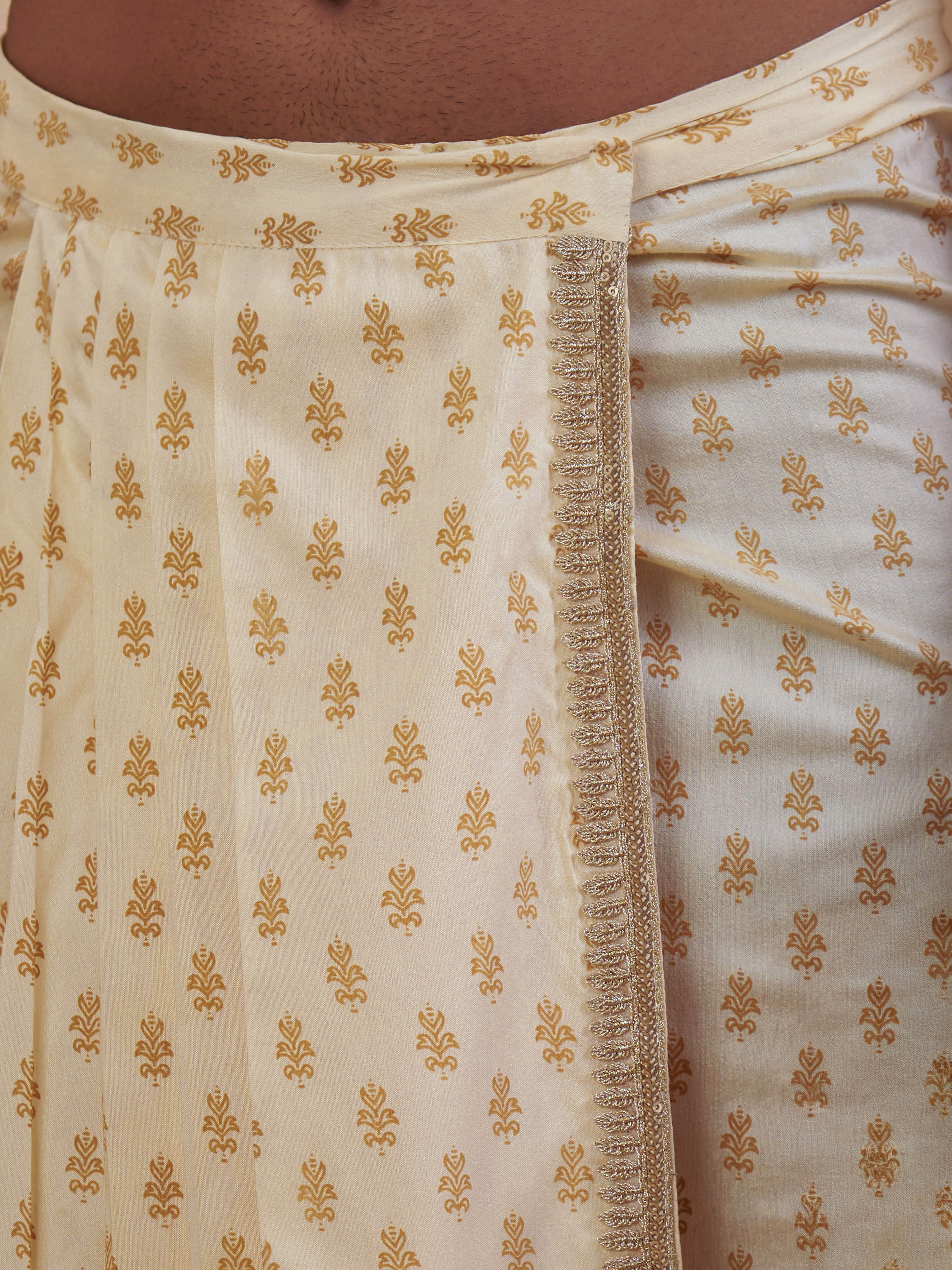 Men's Gold Cotton-Silk-Blend Printed Dhoti