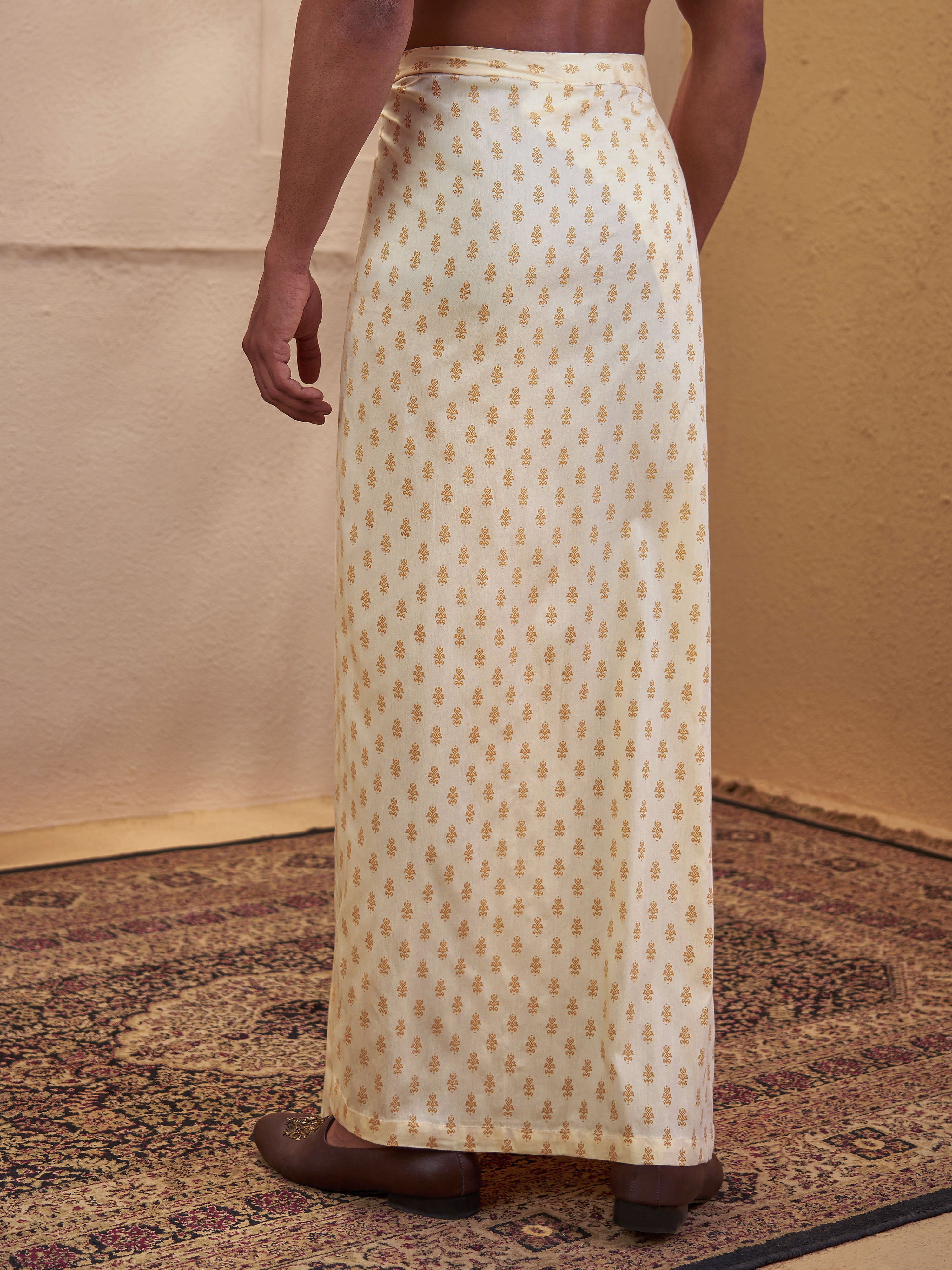 Men's Gold Cotton-Silk-Blend Printed Dhoti