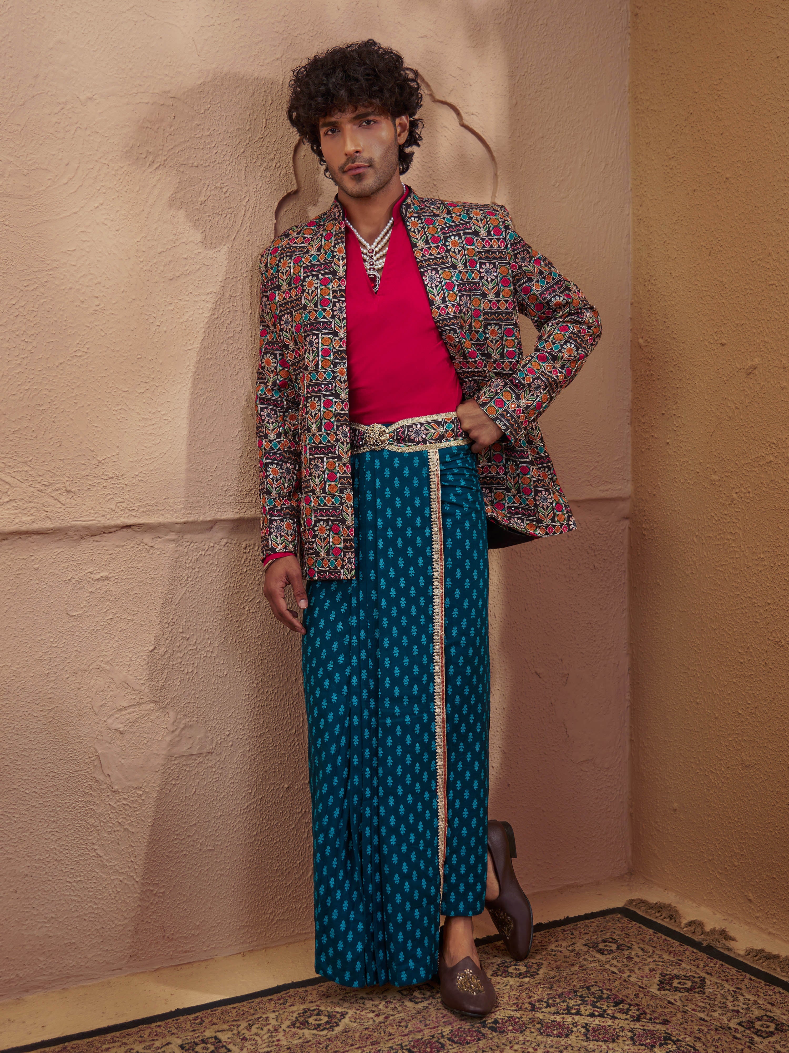 Men's Turquoise Cotton-Silk-Blend Printed Dhoti