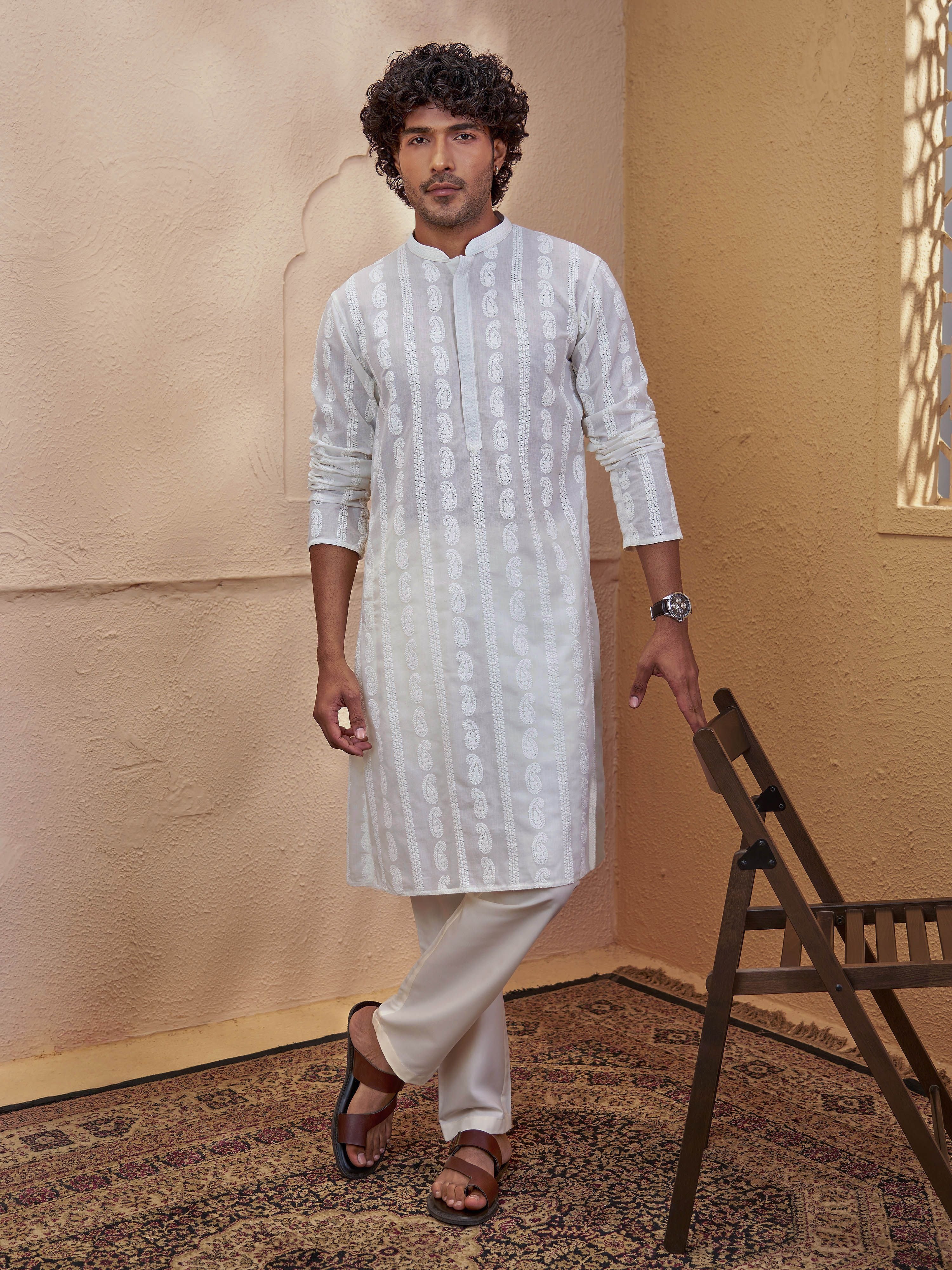 Men's Cream Woven Fabric Solid Pyjama