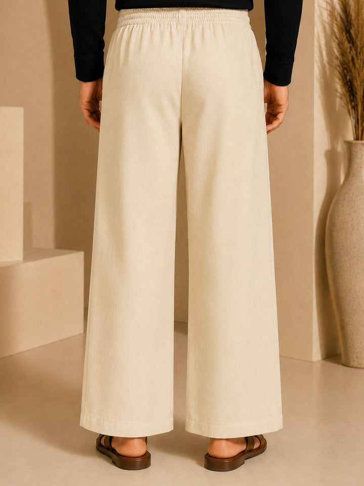 Vastramay Men Beige Cotton Lycra Solid Wide Leg Elasticated Drawstring Pant with Zip &amp; Button