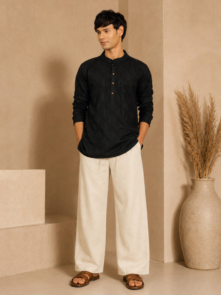 Vastramay Men Beige Cotton Lycra Solid Wide Leg Elasticated Drawstring Pant with Zip &amp; Button