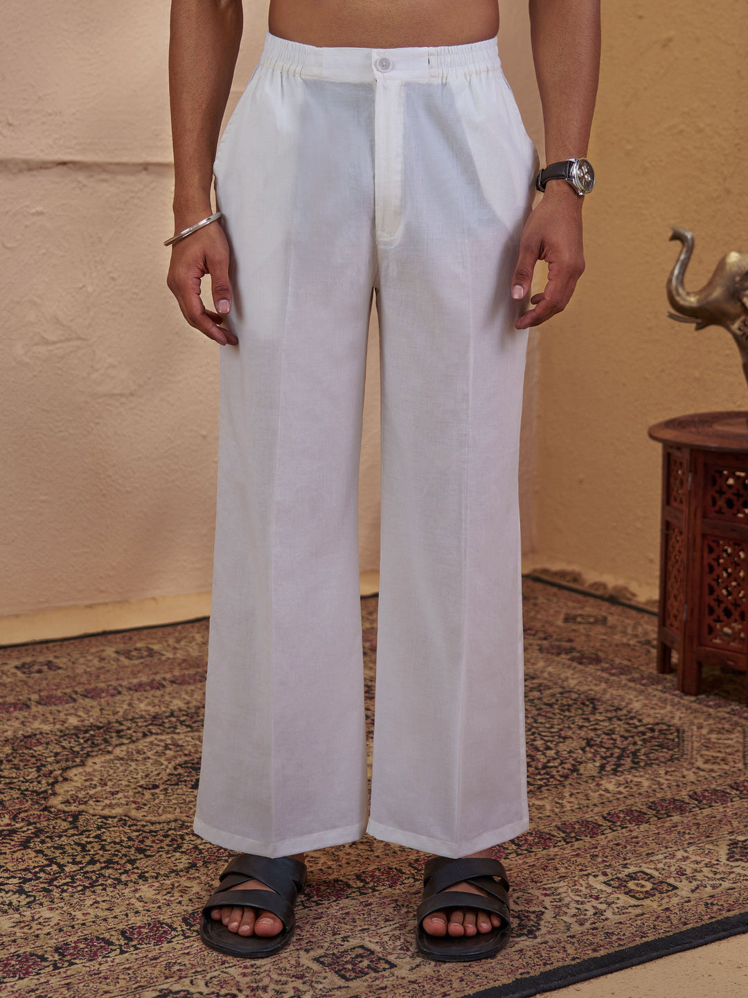 Men's White Solid Wide Leg Woven Pant with Elastic Waist