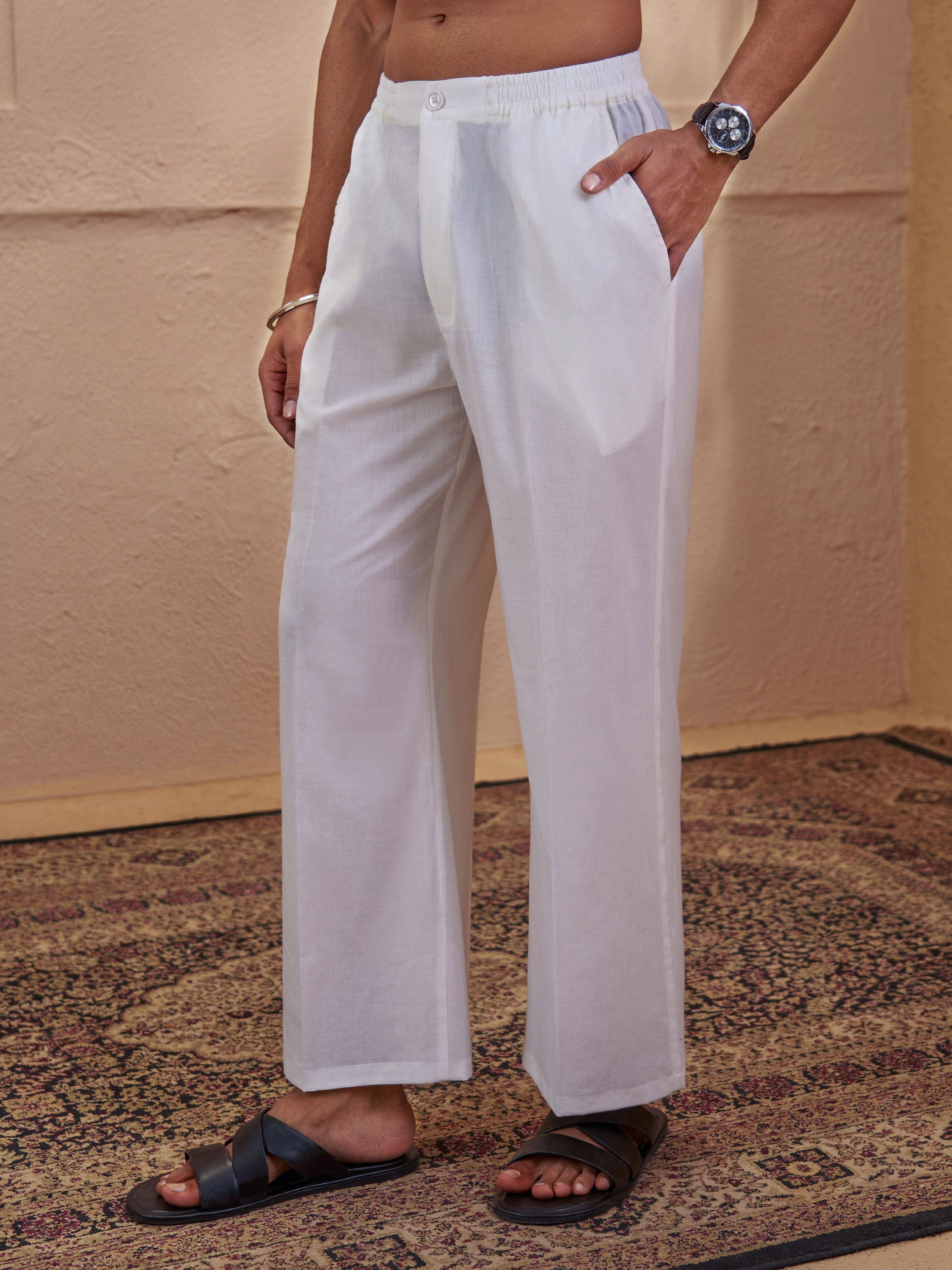 Men's White Woven Fabric Solid Wide Leg Pant