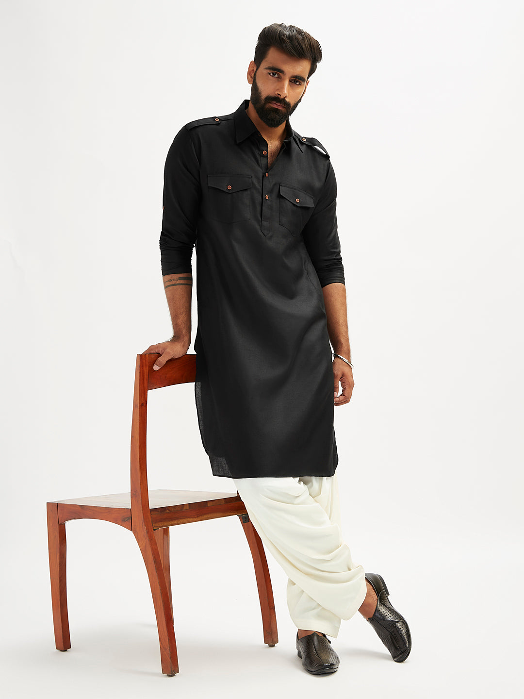 Men's Black And Cream Cotton Blend Pathani Kurta Set