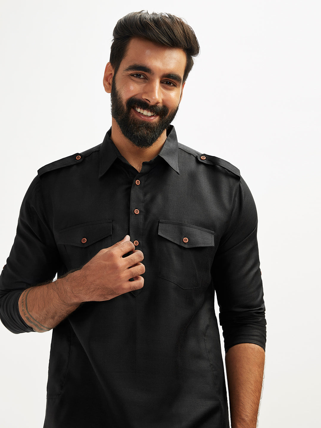 Men's Black And Cream Cotton Blend Pathani Kurta Set