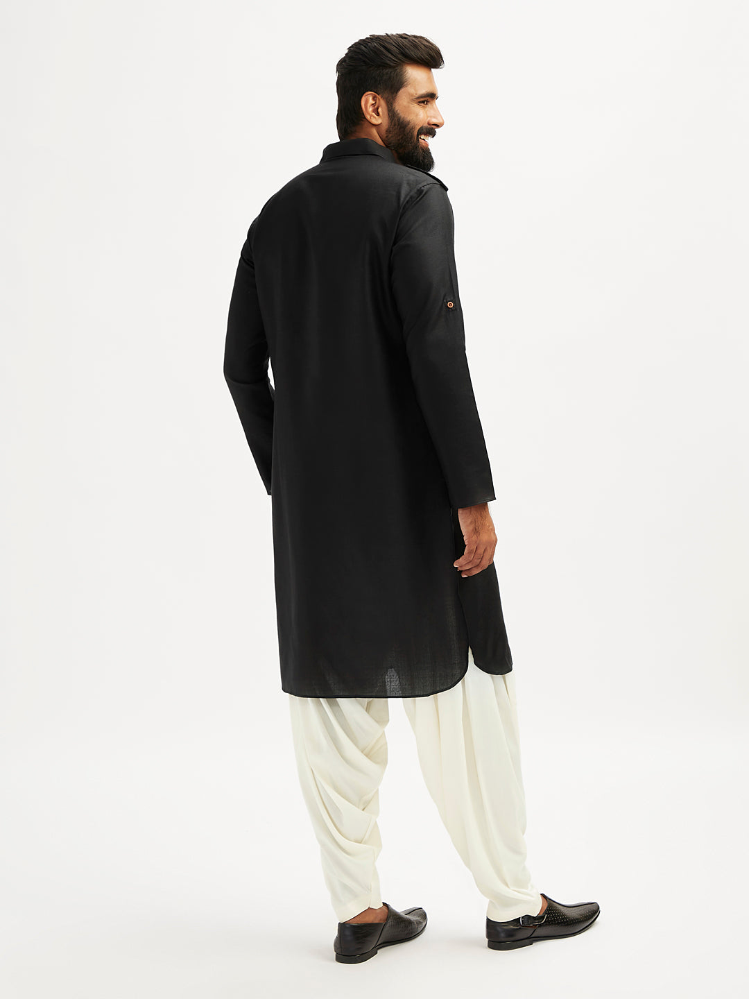 Men's Black And Cream Cotton Blend Pathani Kurta Set