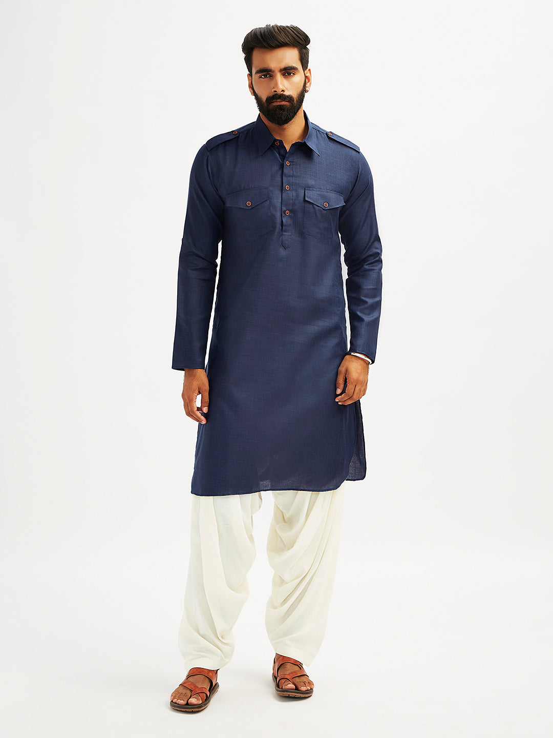Men's Blue And Cream Cotton Blend Pathani Kurta Set