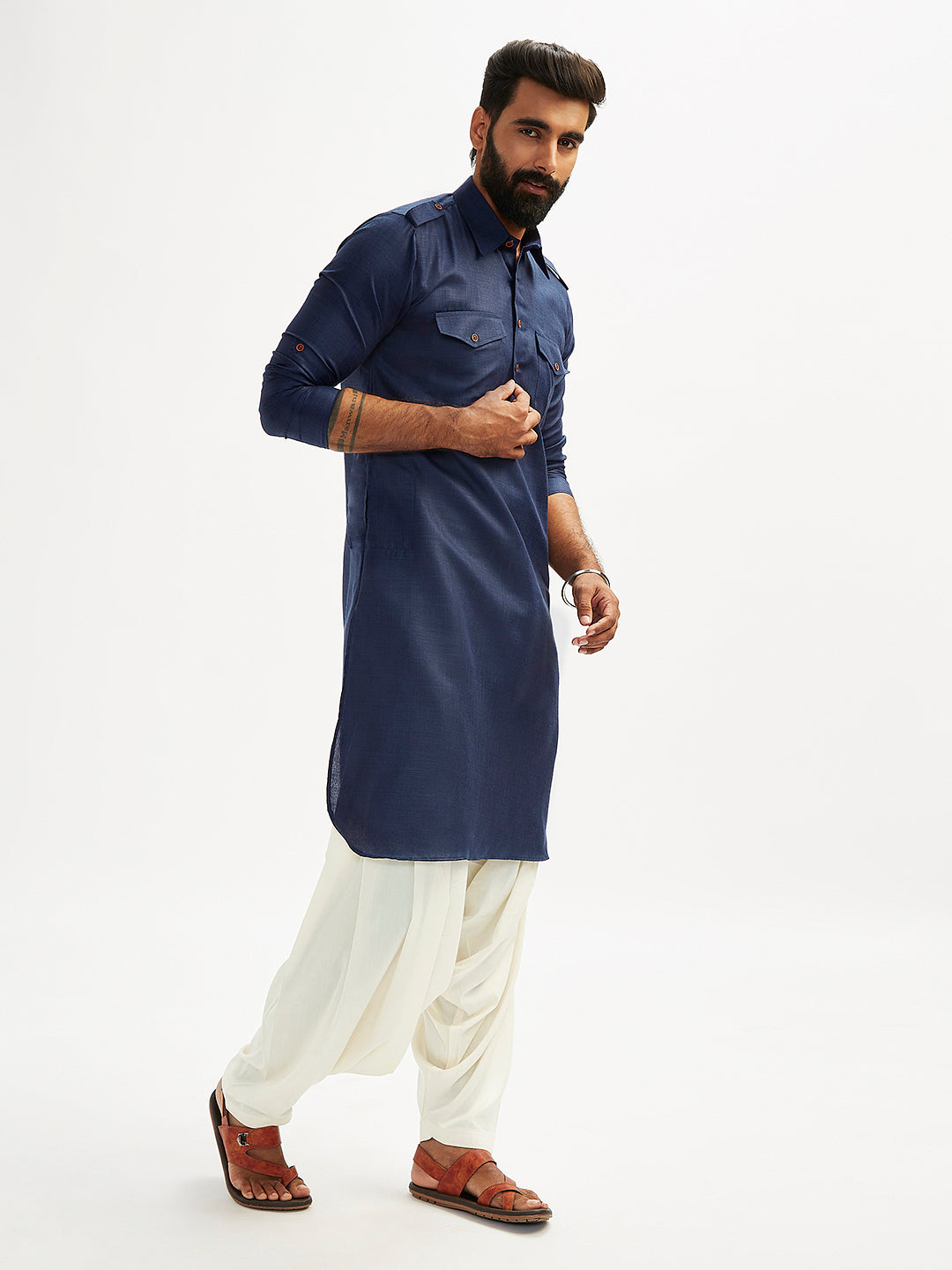Men's Blue And Cream Cotton Blend Pathani Kurta Set