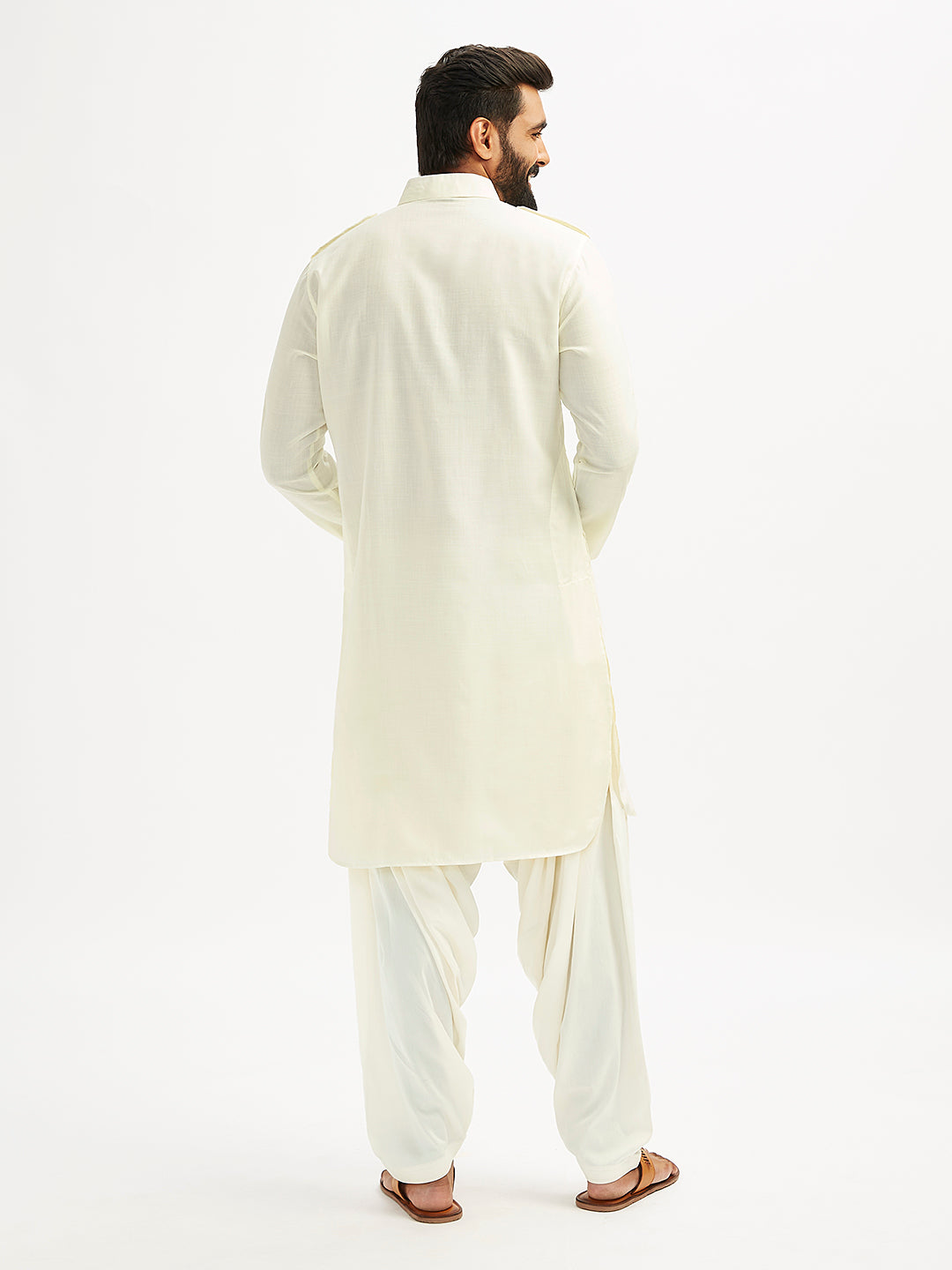Men's Cream Cotton Blend Pathani Kurta Set
