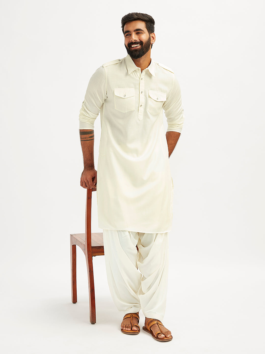 Men's Cream Cotton Blend Pathani Kurta Set