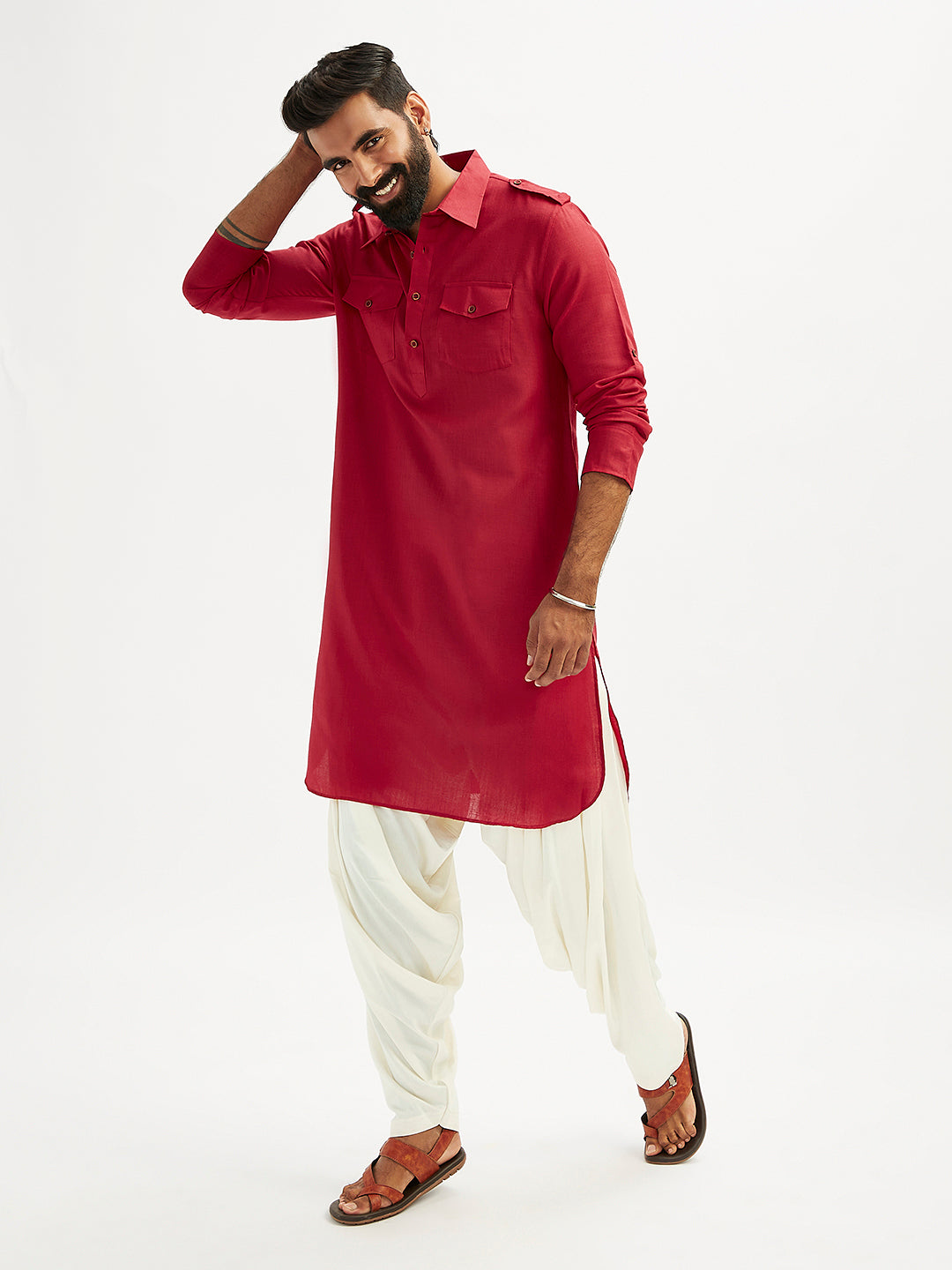 Men's Maroon And Cream Cotton Blend Pathani Kurta Set