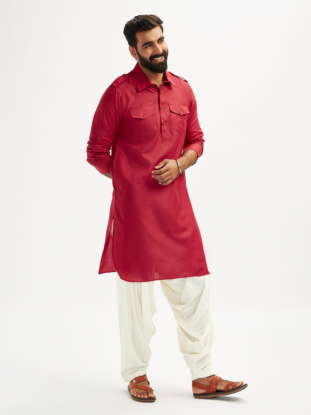 Men's Maroon And Cream Cotton Blend Pathani Kurta Set