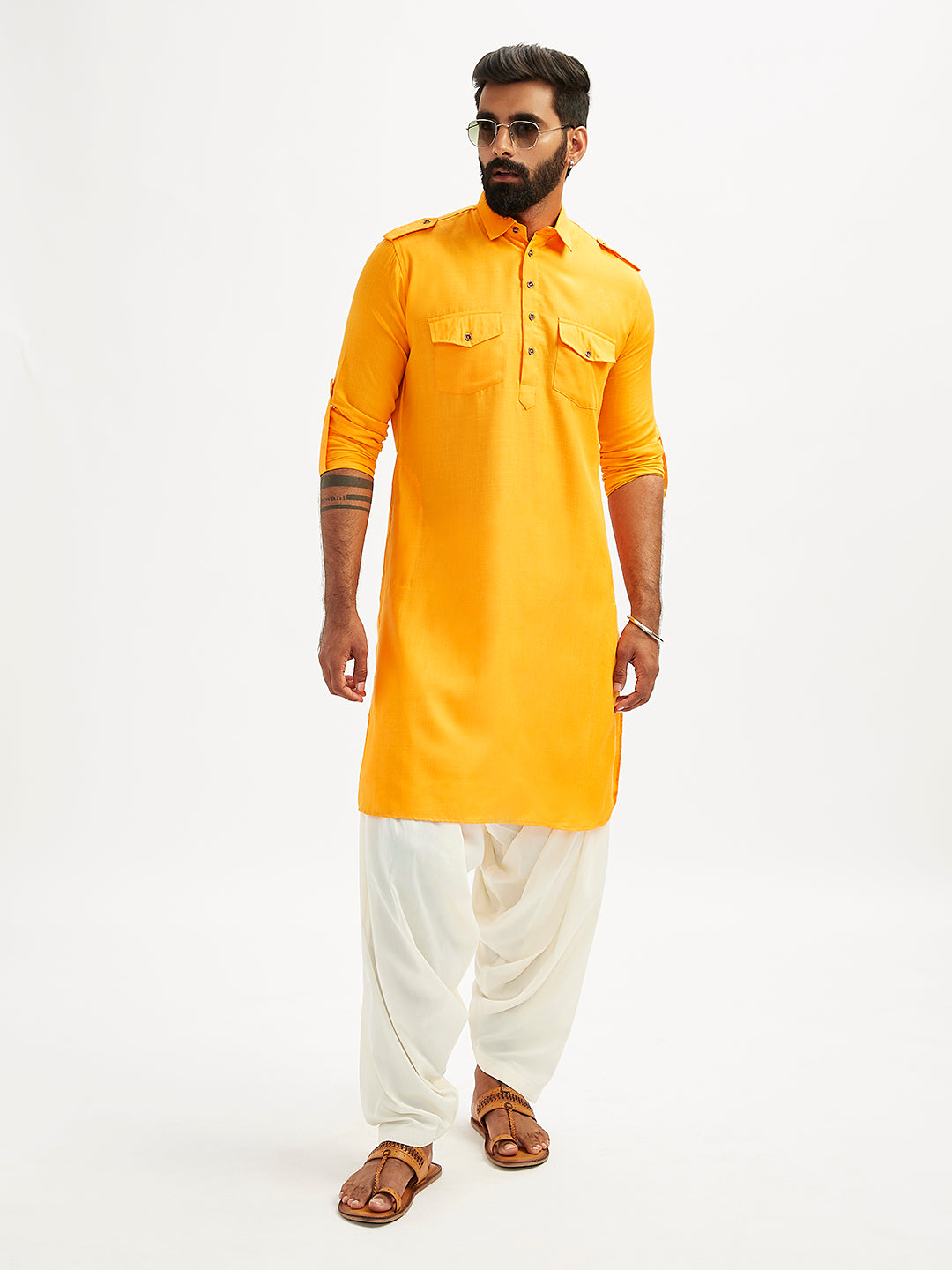 Men's Mustard And Cream Cotton Blend Pathani Kurta Set