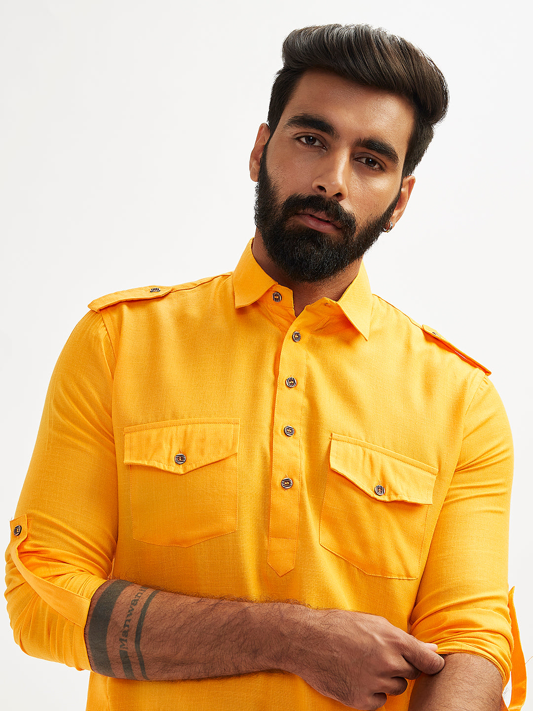 Men's Mustard And Cream Cotton Blend Pathani Kurta Set