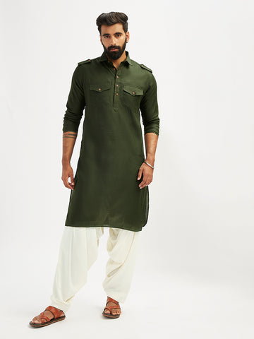 VASTRAMAY Men's Mehendi Green And Cream Cotton Blend Pathani Kurta Set