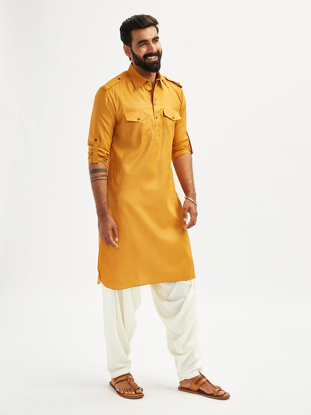 Men's Rust And Cream Cotton Blend Pathani Kurta Set