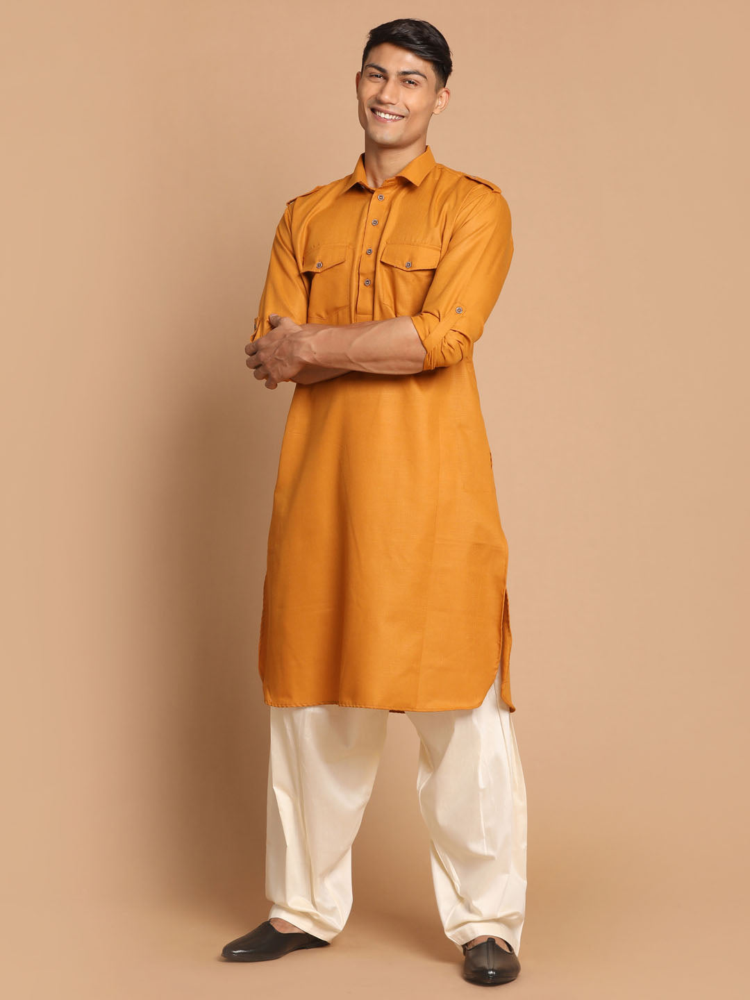Men's Mustard Cotton Blend Pathani Suit Set