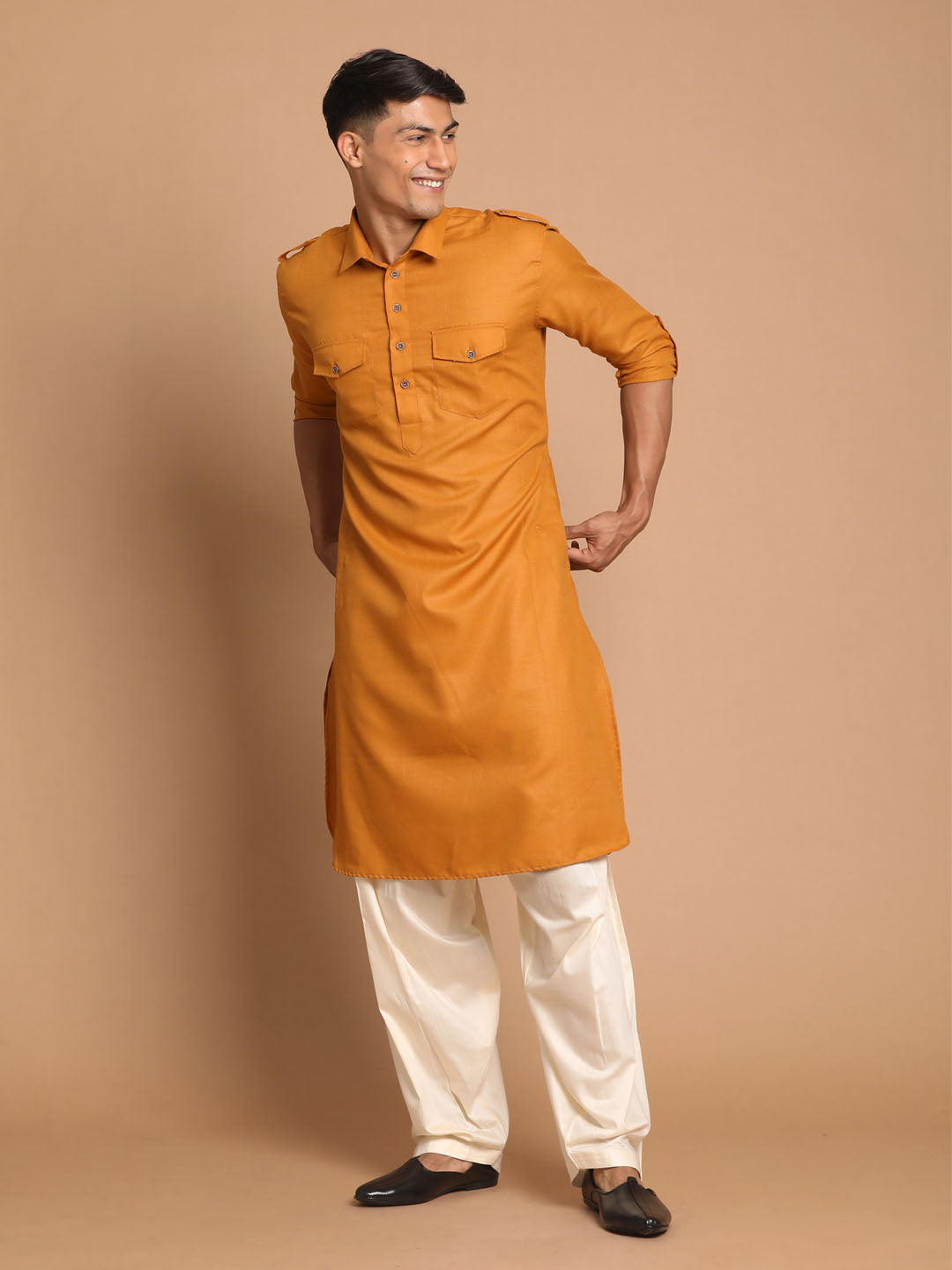 Men's Mustard Cotton Blend Pathani Suit Set