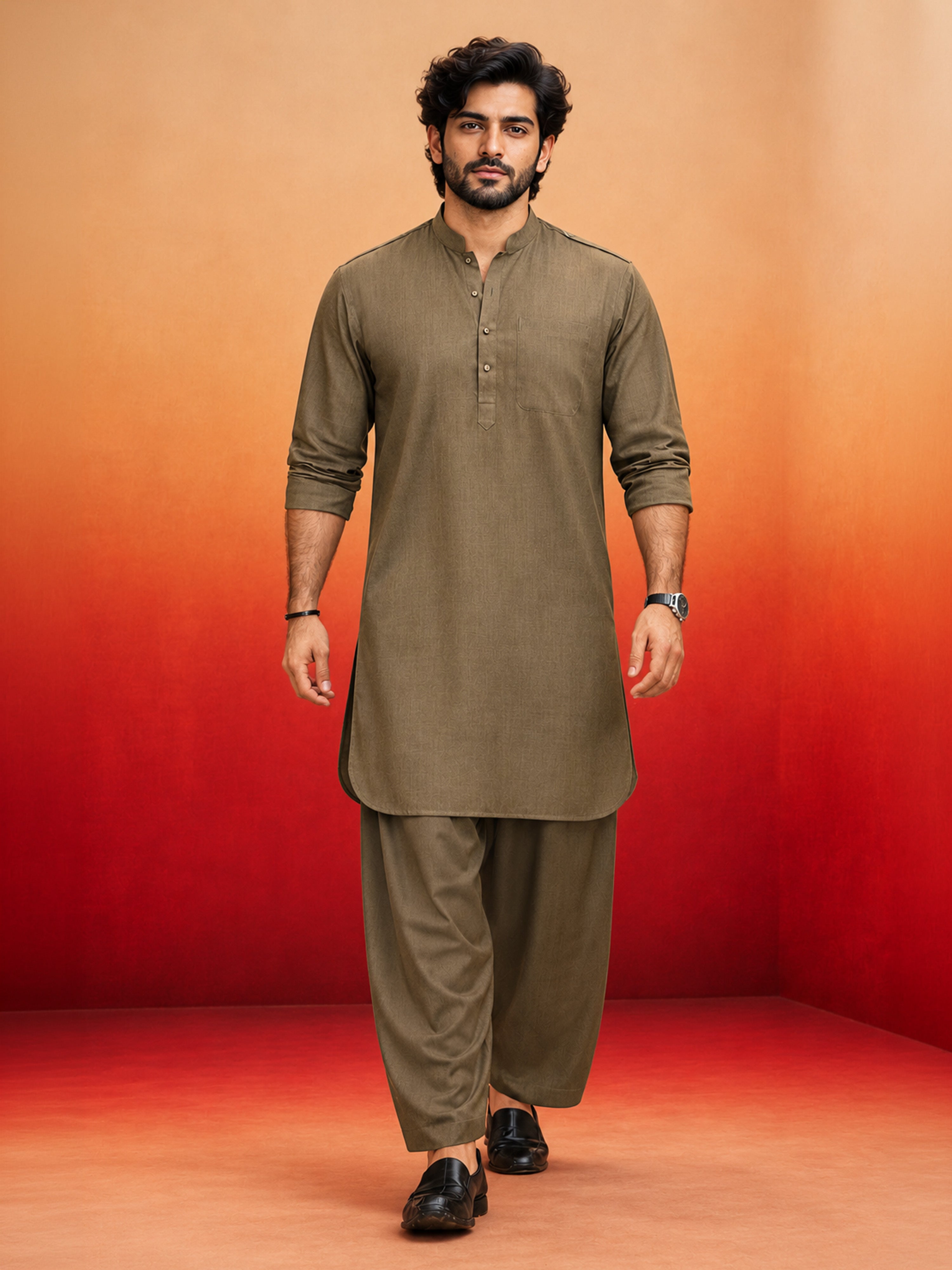 Men's Chiku Solid Swiss Slub Cotton Pathani Kurta with Chiku Silk Blend Patiala